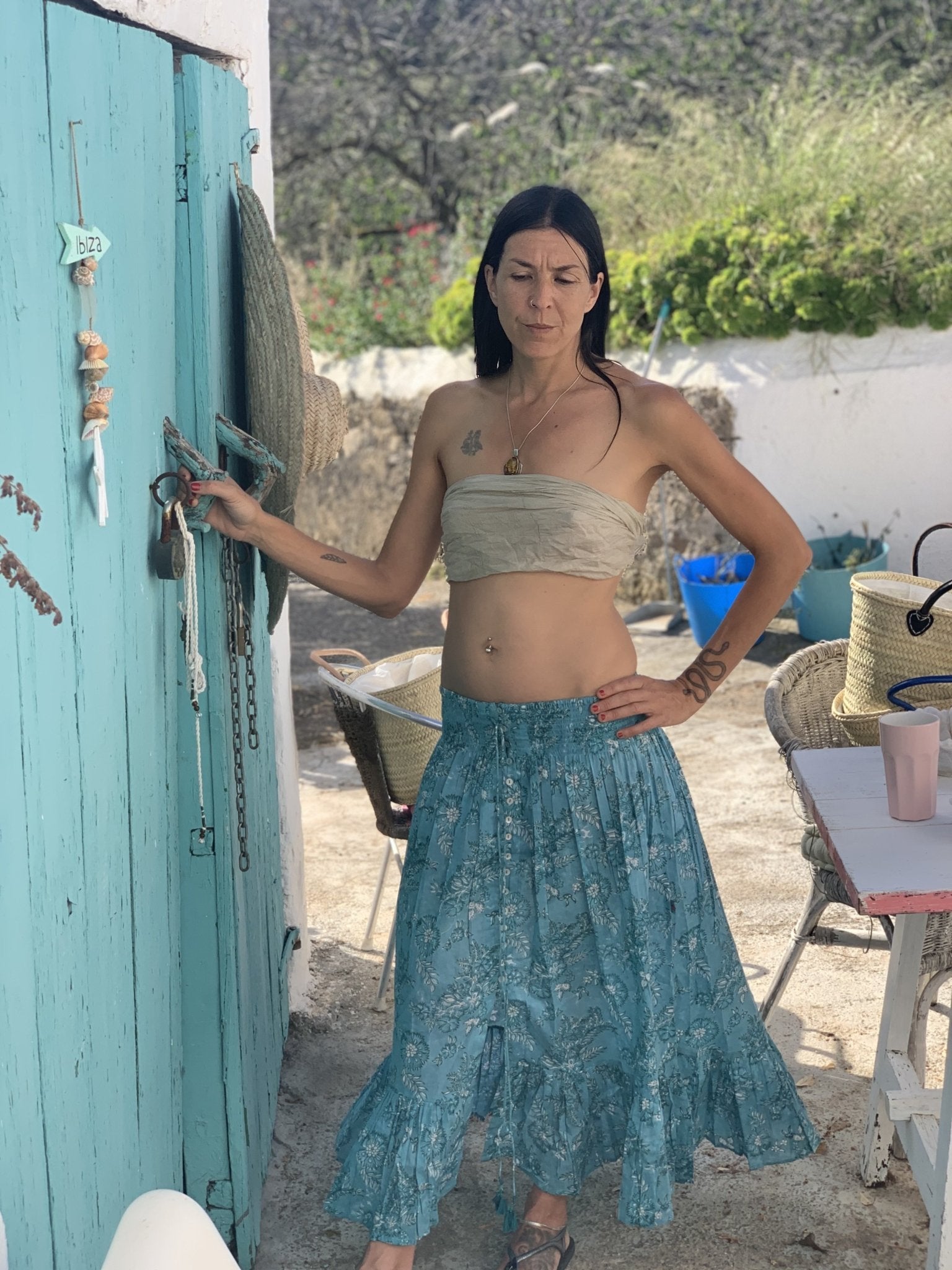 Lorenza Turquoise Block Print Skirt | Floral Printed Bohemian Maxi Skirt for Women | Perfect for Beach Vacations, Summer Outfits & Boho Fashion