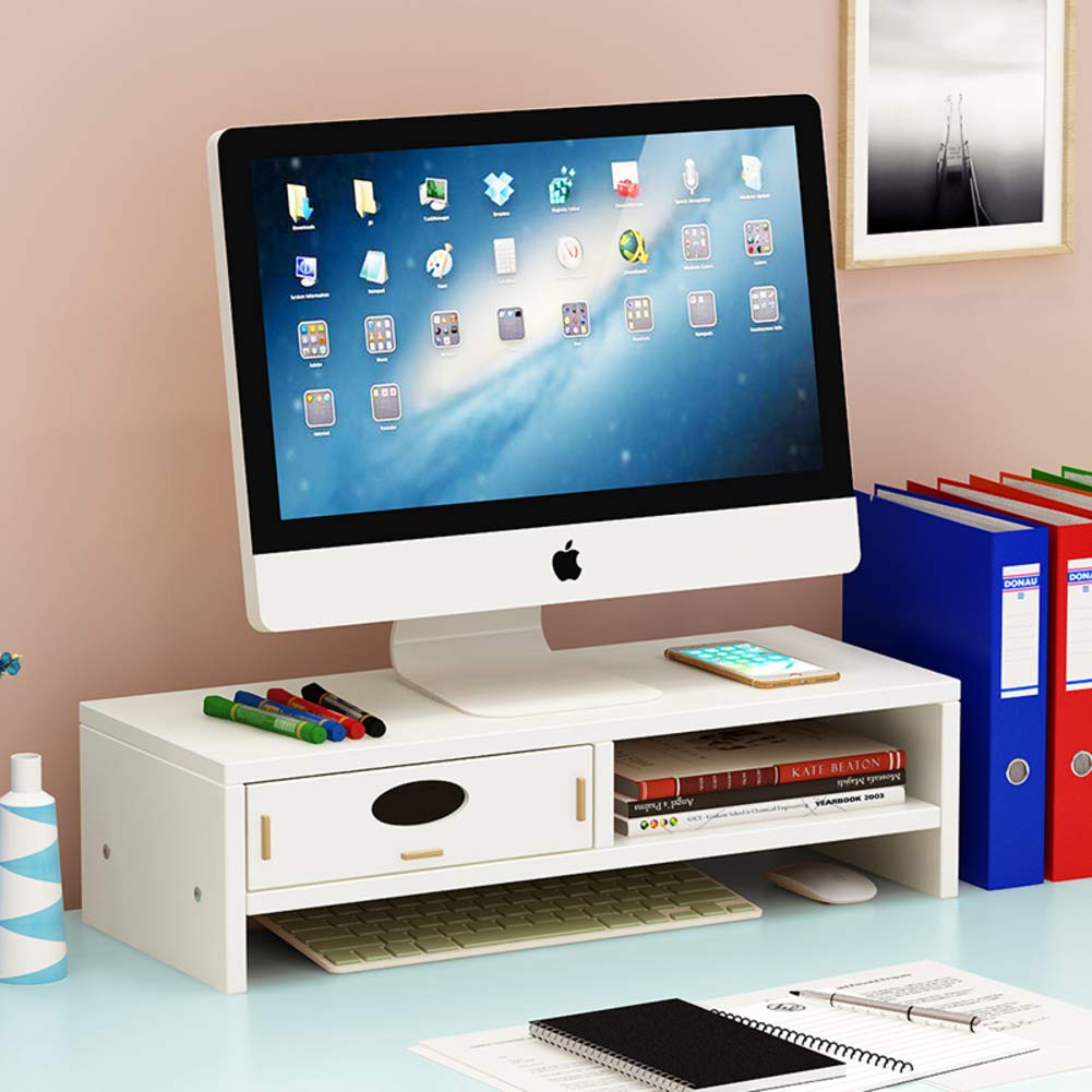QTQHOME White Wooden Monitor Stand with Drawer - 13x20x50cm Office Desk Organizer Shelf for Computer, TV & Printer Storage | Perfect for Home & Office Workspace Organization