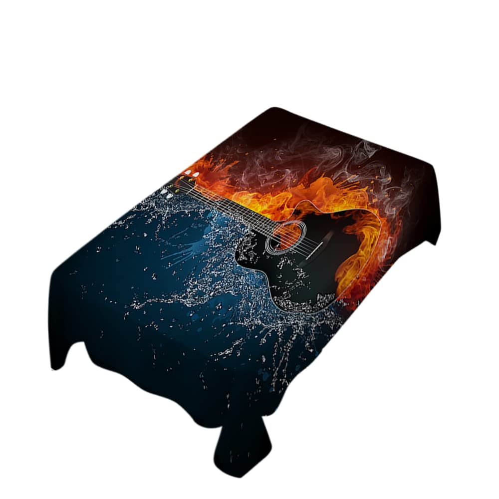 Zaueky 60 x 90 Inch Fire and Water Design Acoustic Guitar Printed Rectangle Tablecloth - Oil-Proof Heavy Weight Fabric for Dining, Wedding, Party Decor & Home Kitchen Use