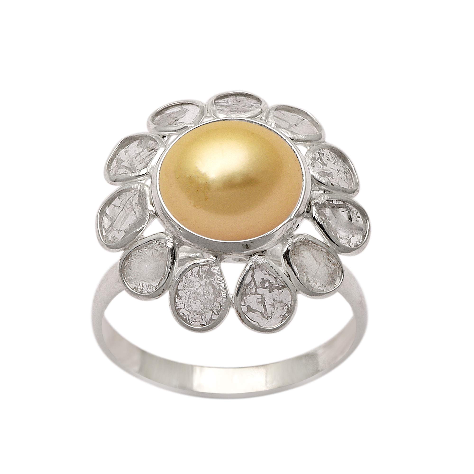 2.00 CTW Floral Natural Diamond Polki Bold Pearl Floral Ring | 925 Sterling Silver | Ring Size US 5-10 | Perfect for Weddings, Anniversaries & Special Occasions