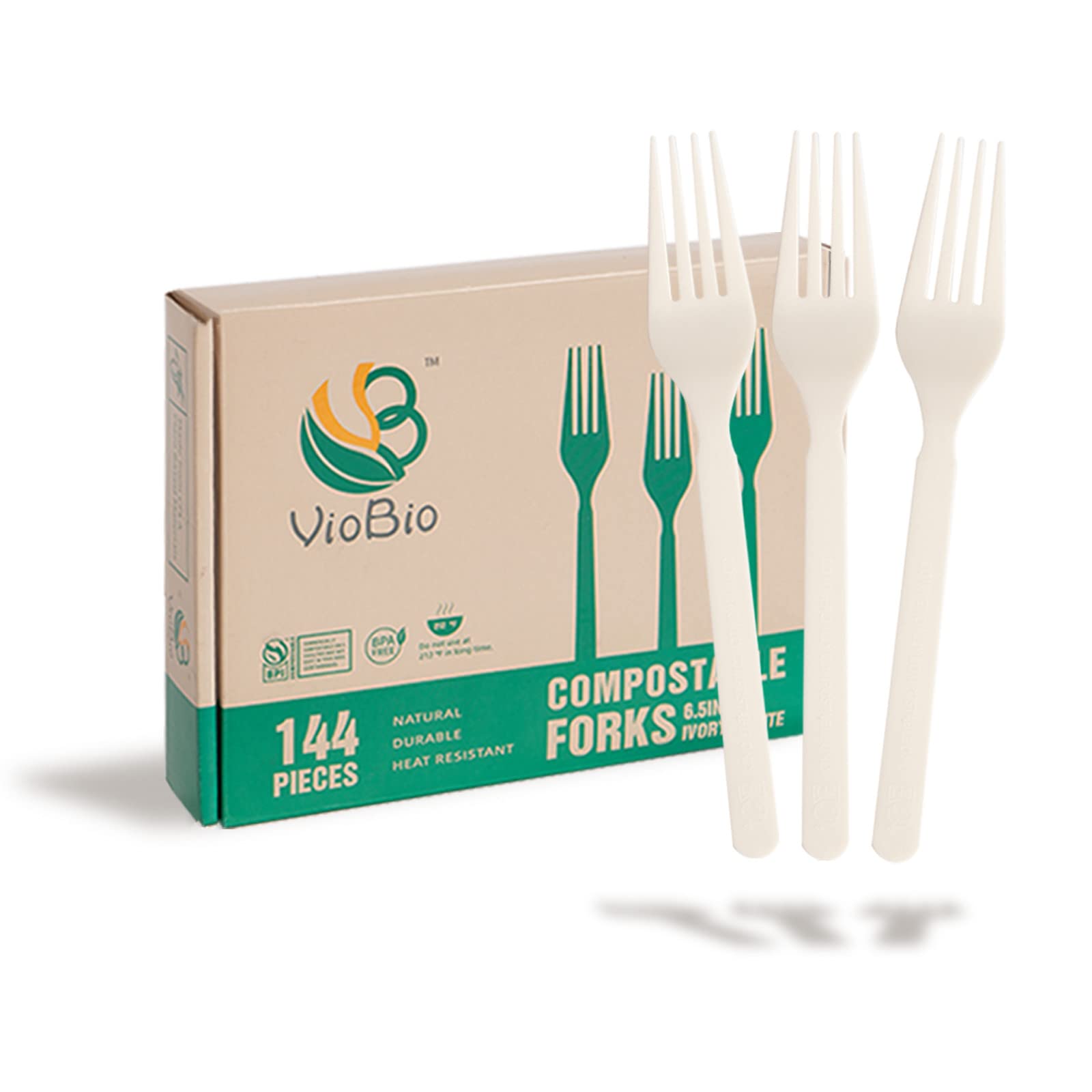 [144 Count] 100% Compostable Forks - VioBio Eco-Friendly Disposable CPLA Cutlery | 6.5 Inch Heavy Duty Cornstarch Forks | Heat Resistant, Biodegradable Utensils for Parties, Catering, Picnics, Camping & Outdoor Dining | Perfect for BBQs, Weddings, Office Events & Sustainable Living