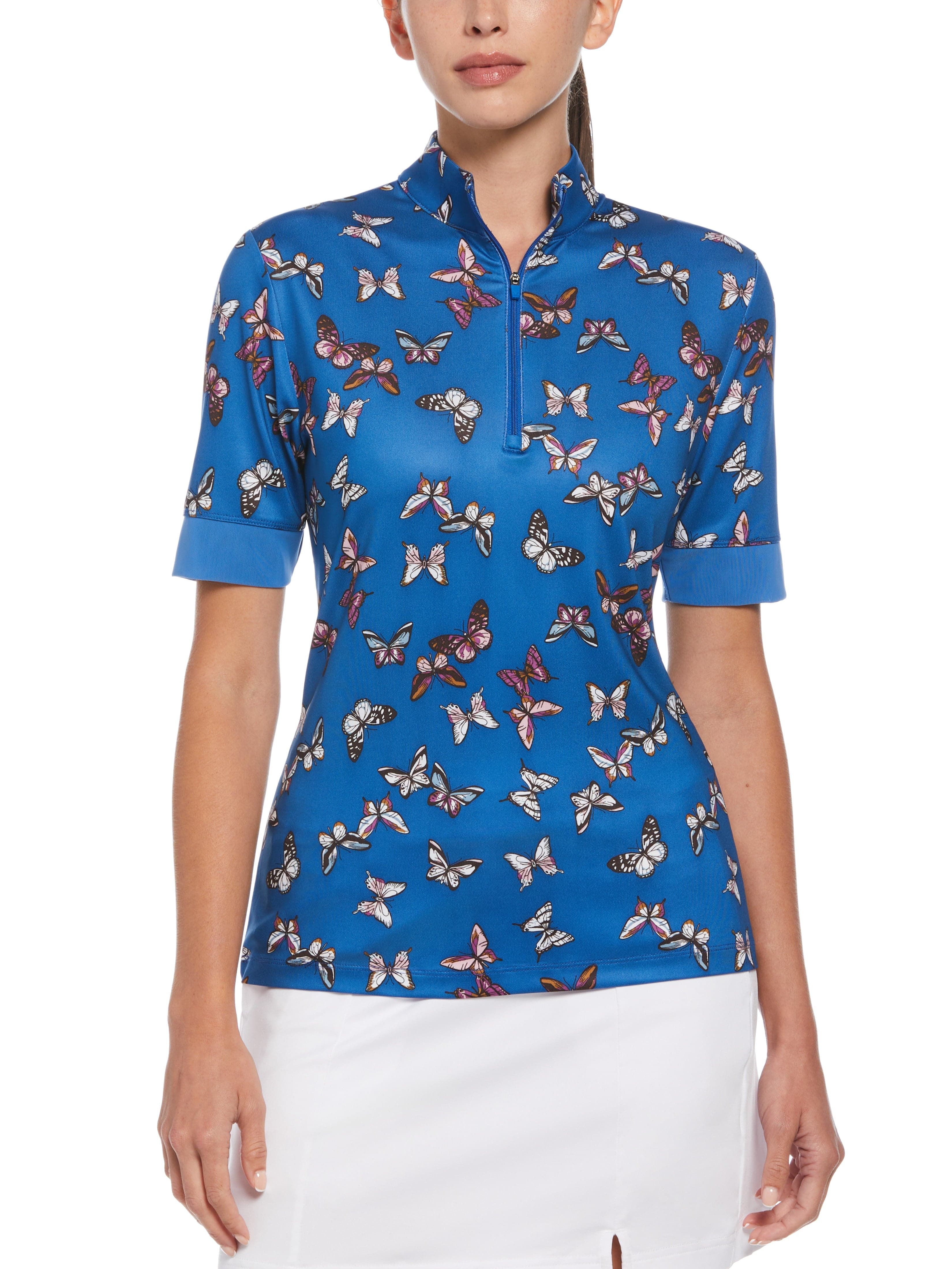 Women's 1/2 Zip Sleeve Butterfly Print Polo Shirt - Casual Golf & Tennis Wear for Spring/Summer