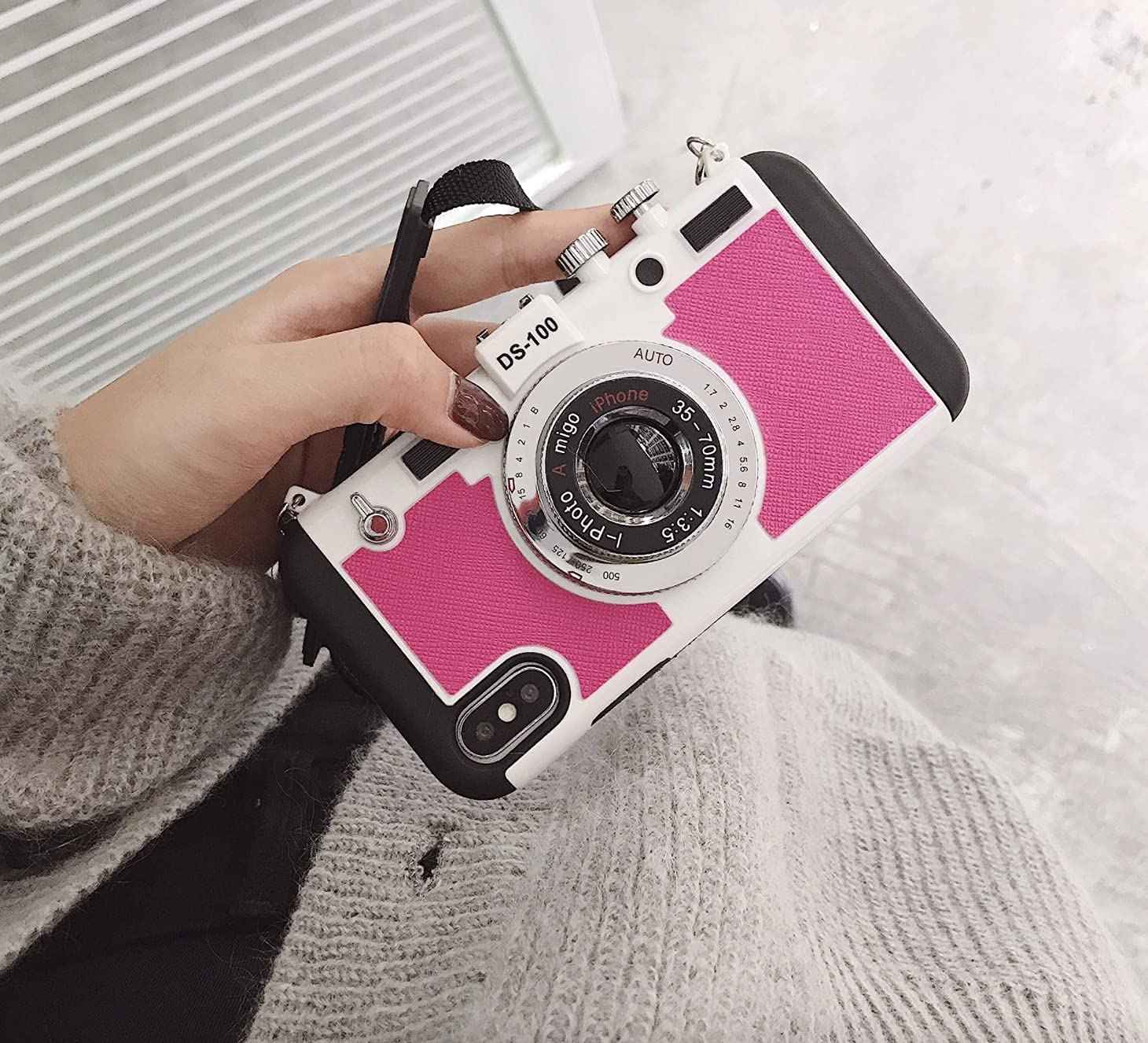 Vintage Camera Design iPhone 13 Pro Case - Shockproof Silicone Phone Cover with Long Strap | Emily in Paris Inspired 3D Vintage Style | Perfect for Travel, Photography & Fashion Enthusiasts (Rose Red)
