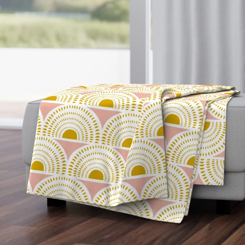 Luxe Velvet Throw Blanket 50x70 Inches - Blush Mustard Geometric Scallops Pink Retro Dots Abstract Art Deco Print | Soft Cozy Blanket for Sofa, Bed, Couch & Home Decor