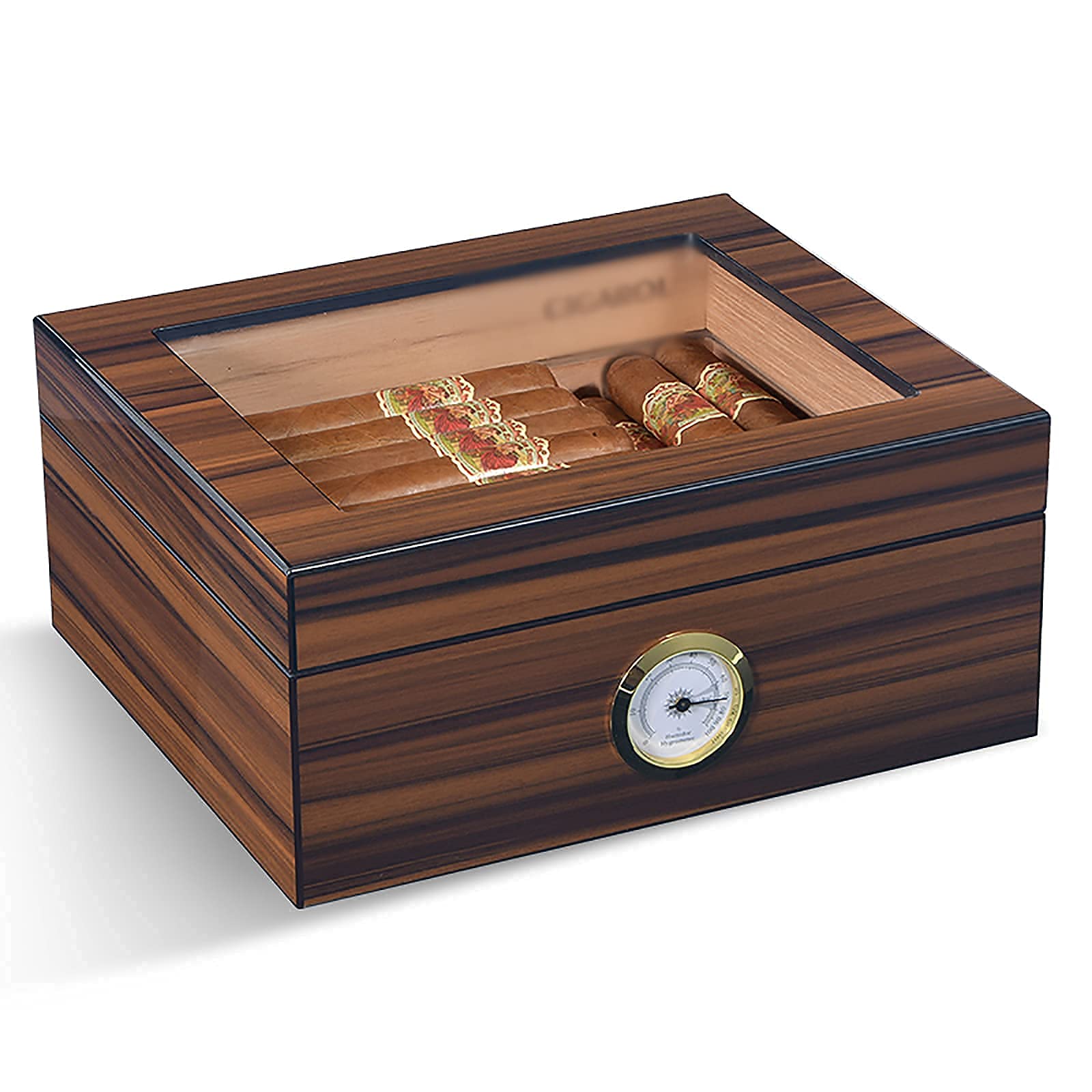 Premium Spanish Cedar Cigar Humidor Box with Transparent Window - Portable Travel Cigar Case with Built-in Hygrometer & Humidifier - Ideal for Cigar Storage, Aging, and Travel Protection (Brown Wooden Box)