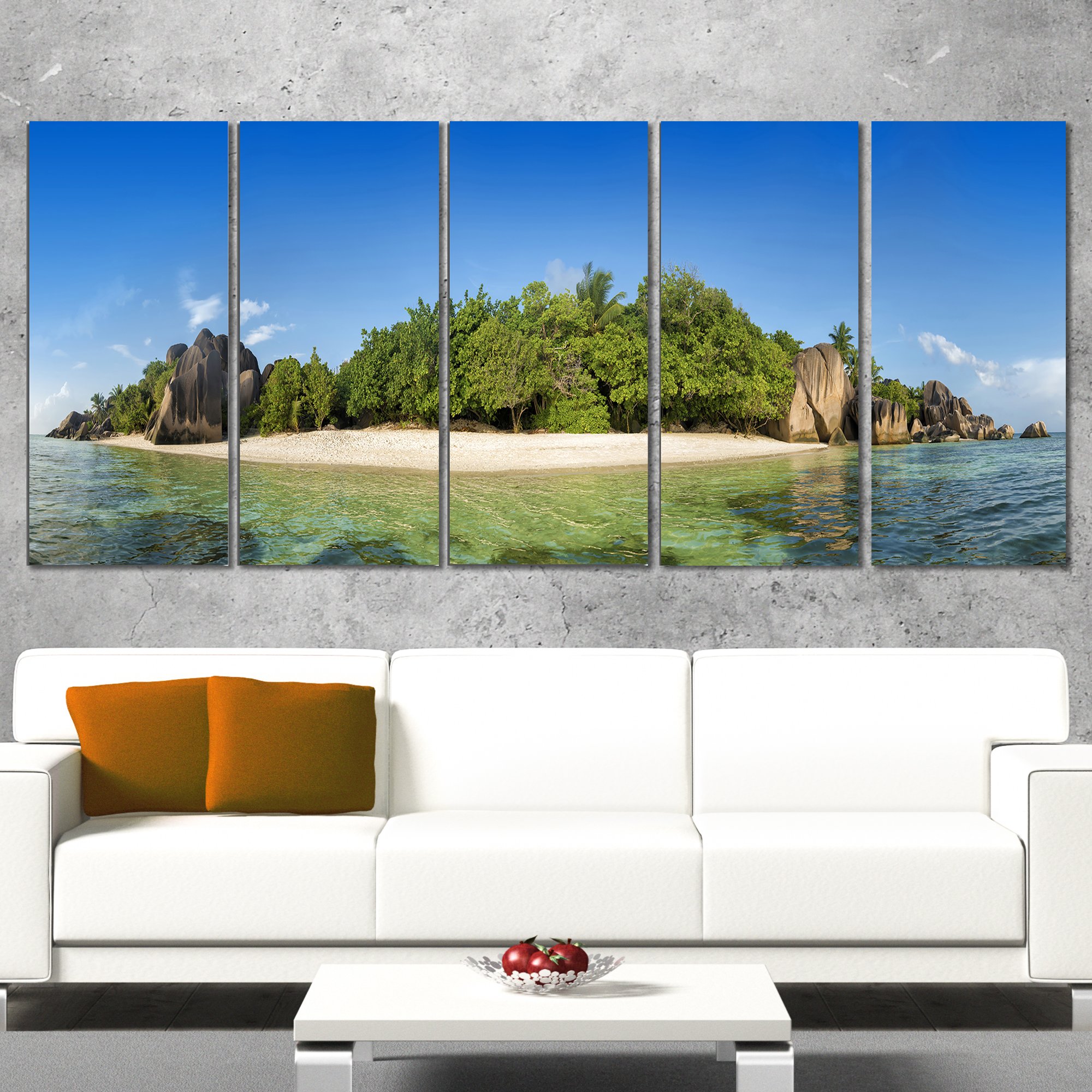 Large Seashore Canvas Print - 5 Piece Seychelles Island Beach Wall Art (60x28 inches) - Tropical Paradise Decor for Living Room, Bedroom & Office - PT9968-401