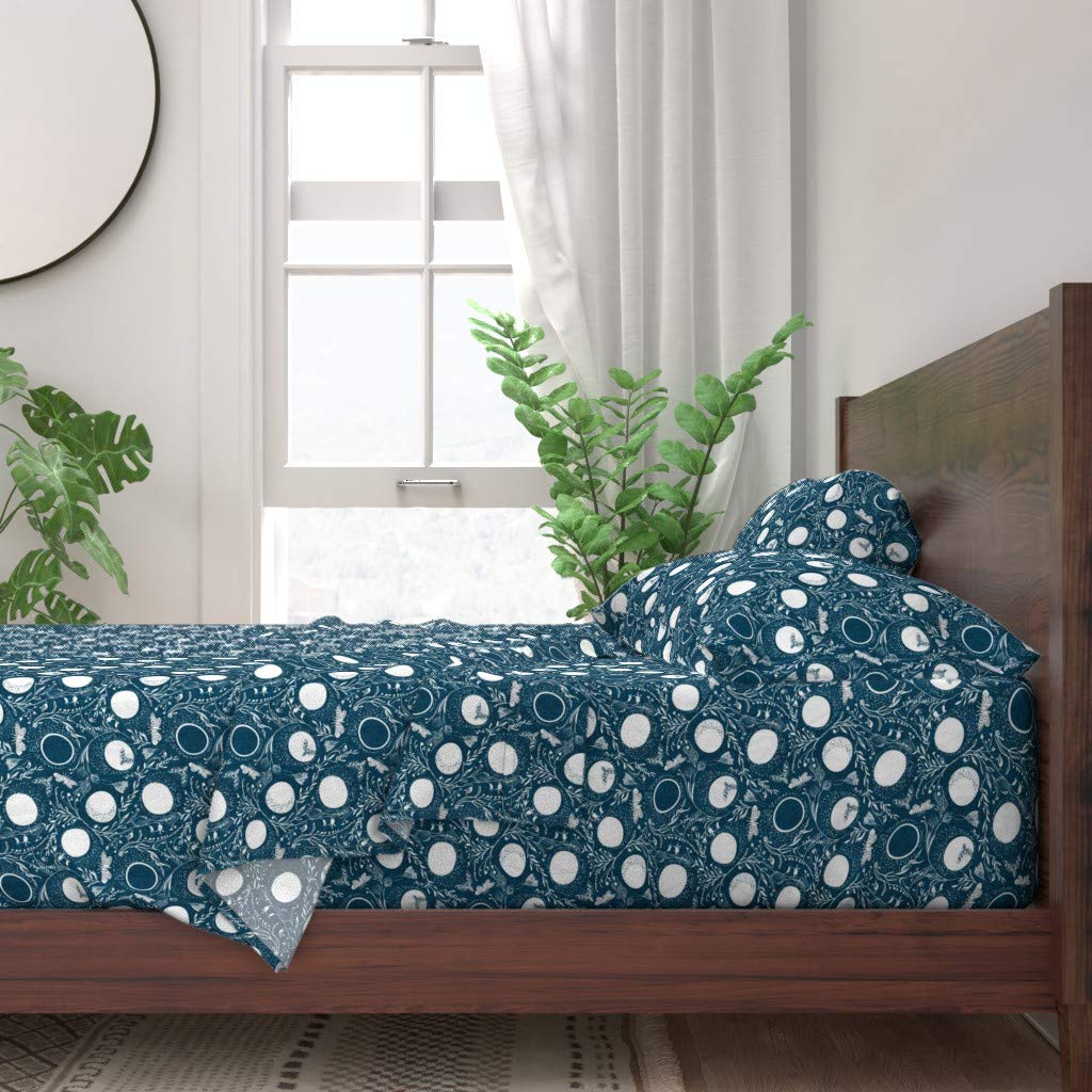 **Spoonflower 100% Cotton King Size 4-Piece Sheet Set - Navy Blue & White Moon Night Moth Bohemian Botanical Floral Print, Gender Neutral Custom Bedding for Cozy & Stylish Bedrooms**