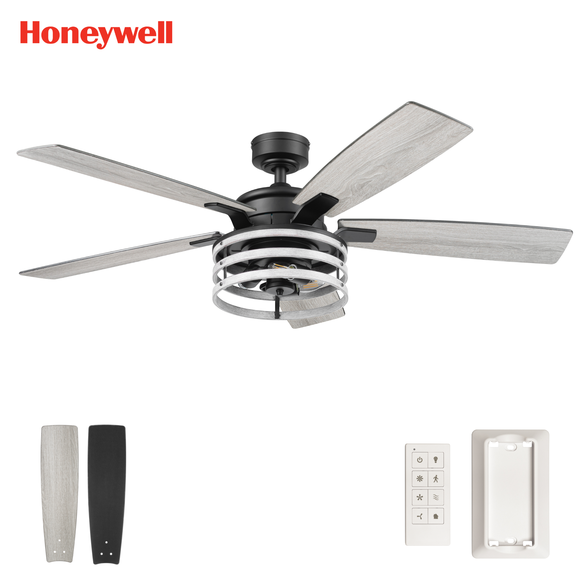 52 Inch Honeywell Carnegie Matte Black/Gray Ceiling Fan with Light Kit and Remote Control - Perfect for Living Room, Bedroom, and Outdoor Covered Patio