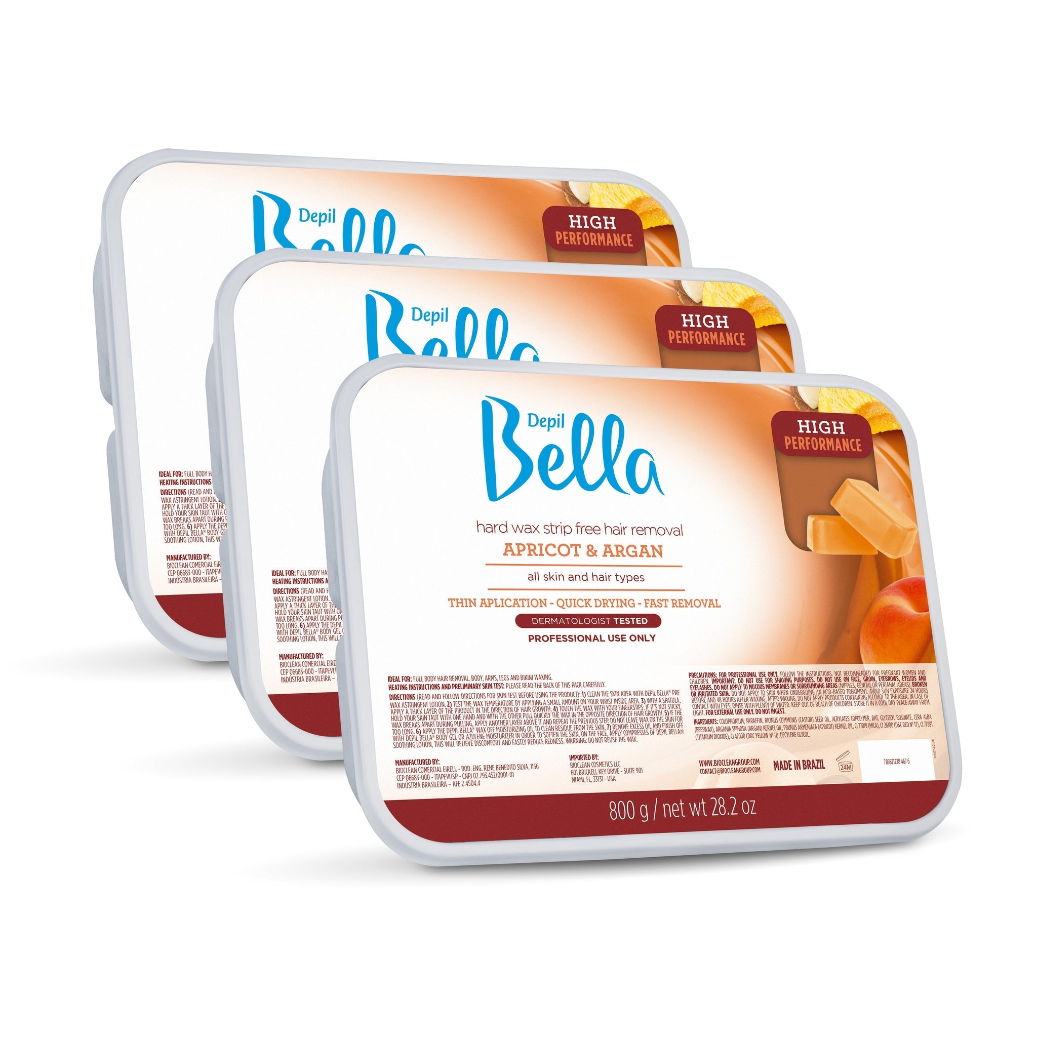 Depil Bella Professional Hard Wax for Hair Removal - Apricot & Argan Oil Formula (28.2 Oz, 3-Pack) | Smooth Skin at Home, Salon & Spa Use