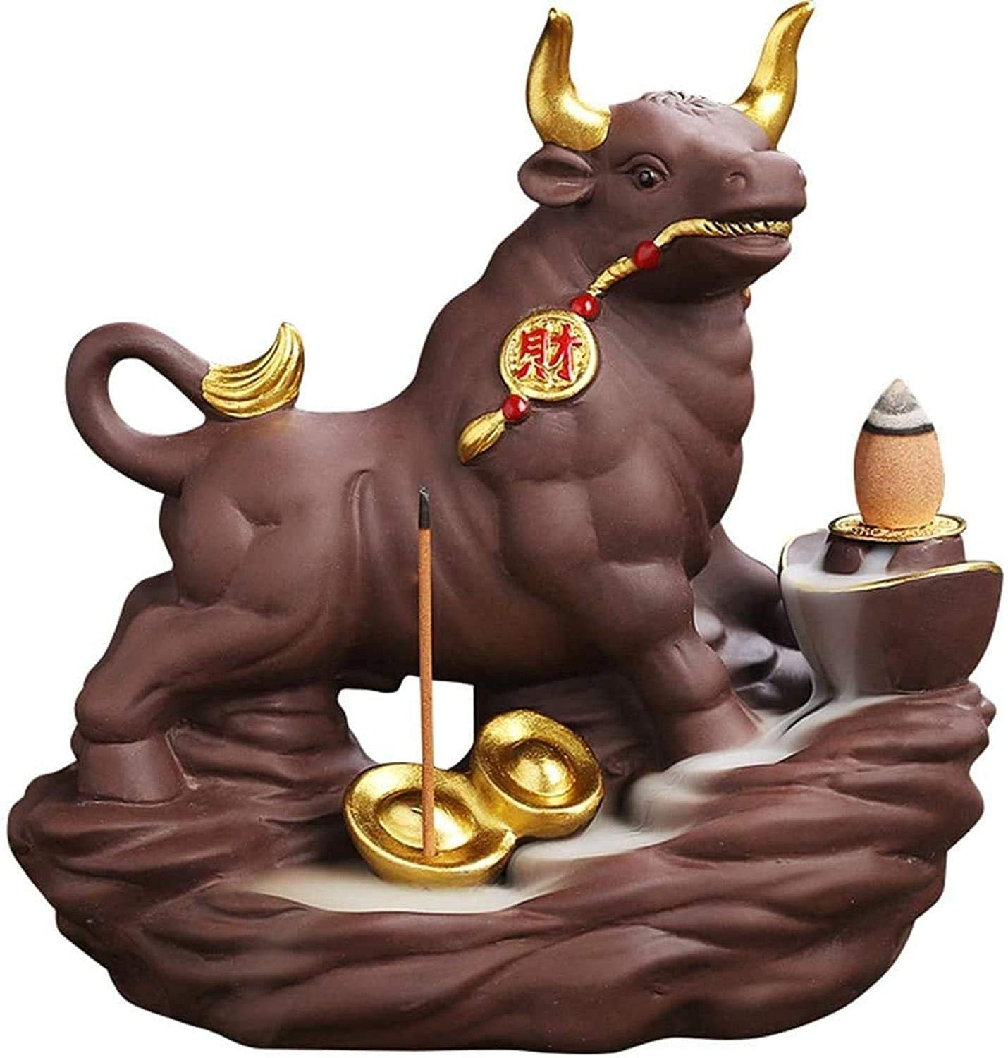 Ceramic Bull Statue Backflow Incense Burner - Waterfall Incense Holder for Home & Office Decor, Feng Shui Good Luck Gift (Brown) | Perfect for Meditation, Yoga Spaces & Spiritual Relaxation