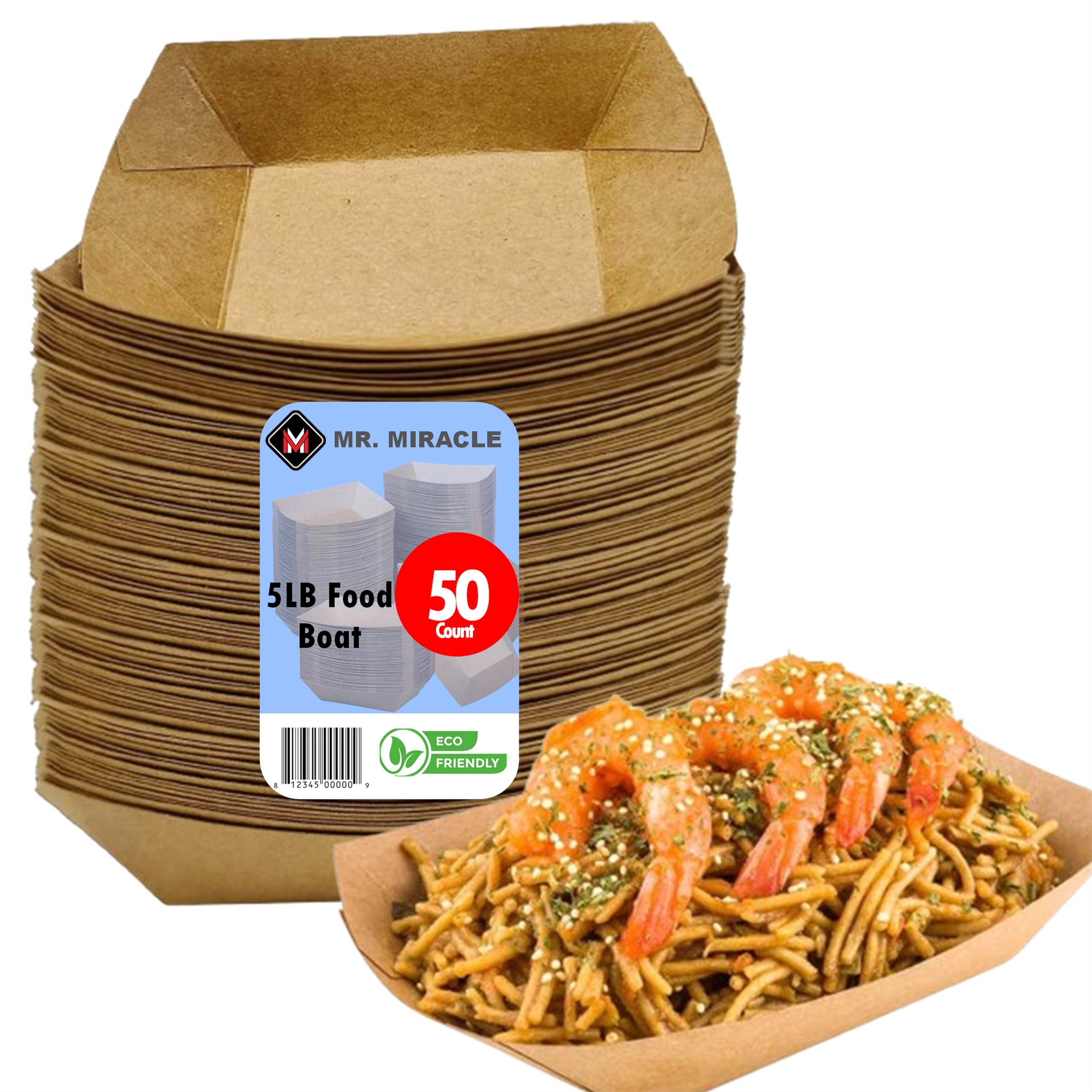 Mr Miracle Extra Large 5LB Kraft Paper Food Trays - 50 Pack Disposable & Recyclable Serving Boats for Condiments, Snacks, Concession Food - Grease Resistant - Perfect for Parties, Picnics, Food Trucks and Catering Events