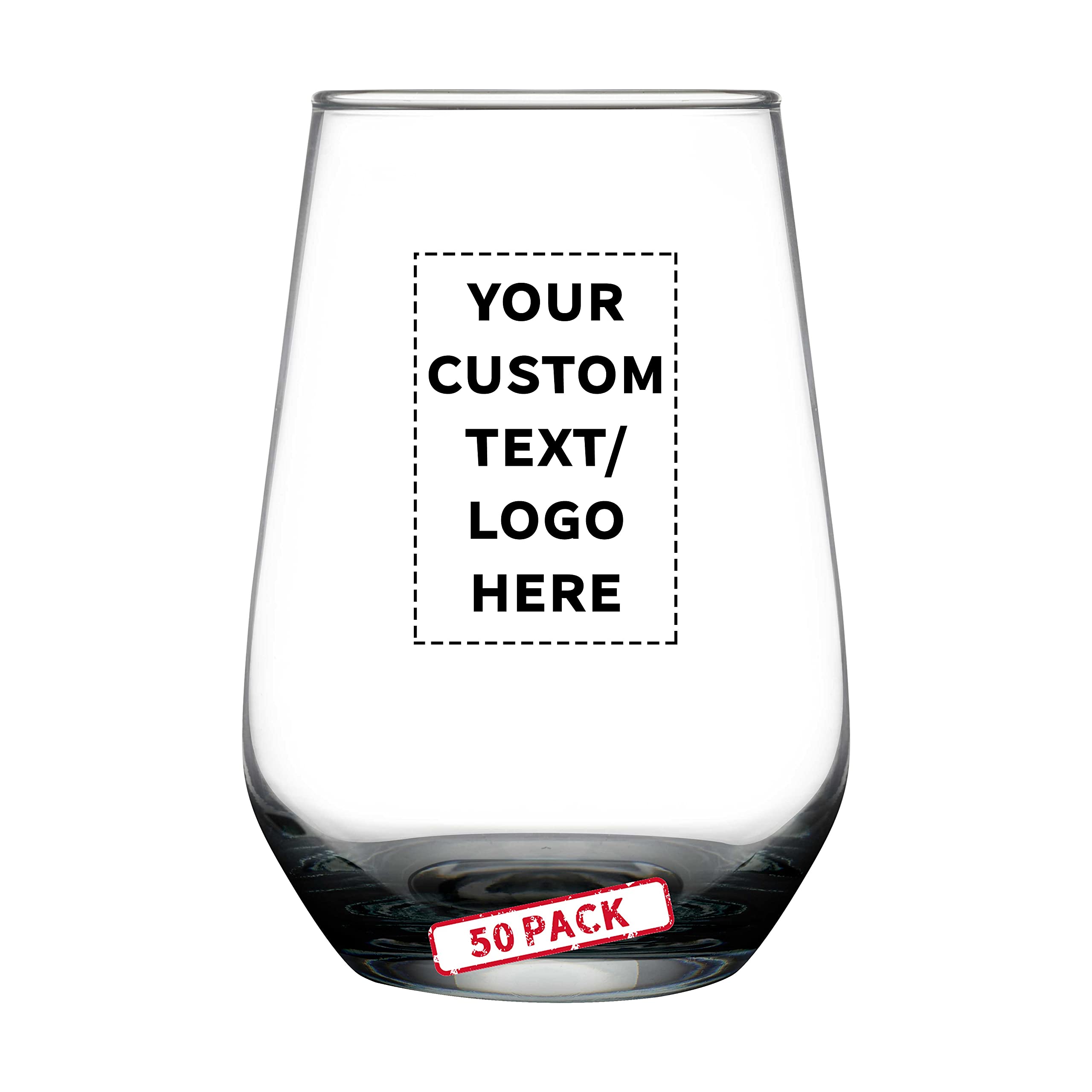 50-Pack 16 oz Stemless Wine Glasses with Thick Base - Clear Orb-Like Silica Glass - Custom Text & Logo Engraving - Perfect for Weddings, Parties & Corporate Events - Bulk Barware Set