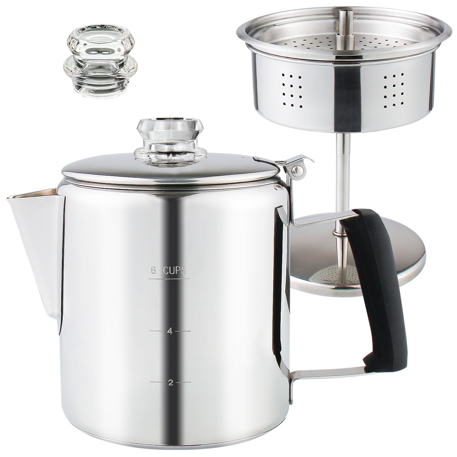 Premium Stainless Steel Stove Top Percolator Coffee Maker - 6 Cup Camping Coffee Pot with Borosilicate Glass Knob & Heat-Resistant Handle for Campfire, Induction Cooker & Home Use - Durable Multi-Use Coffee Brewer for Outdoor Adventures & Daily Brewing