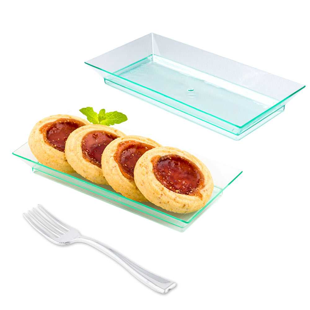 100-Pack Rectangle Seagreen Plastic Plates & 100-Pack Silver Mini Plastic Forks - Perfect for Parties, Picnics, BBQs, and Outdoor Events