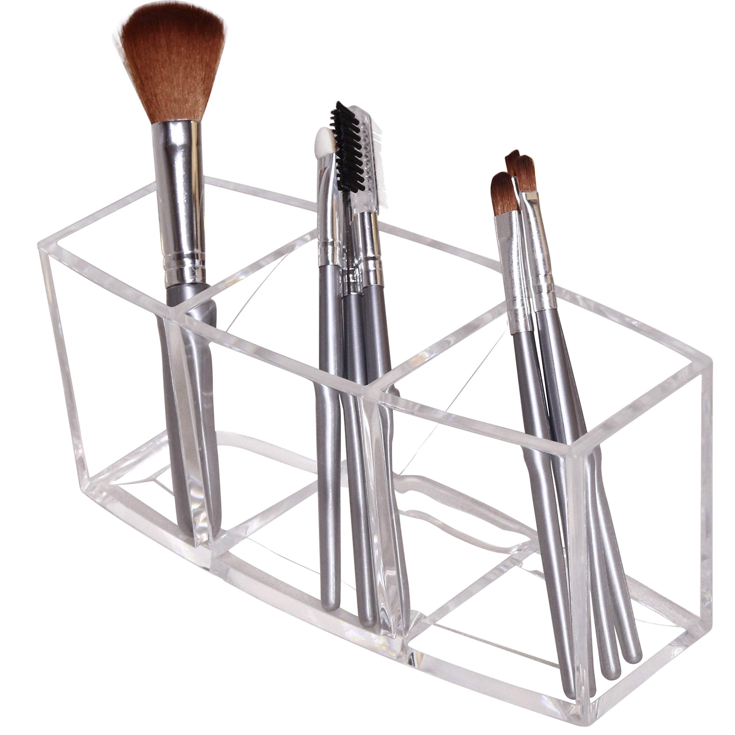 Dseap Acrylic Makeup Brush Holder Organizer - 3 Compartments Clear Storage Case for Makeup Brushes & Tools - Perfect for Vanity, Bathroom Countertop, and Travel Makeup Organization