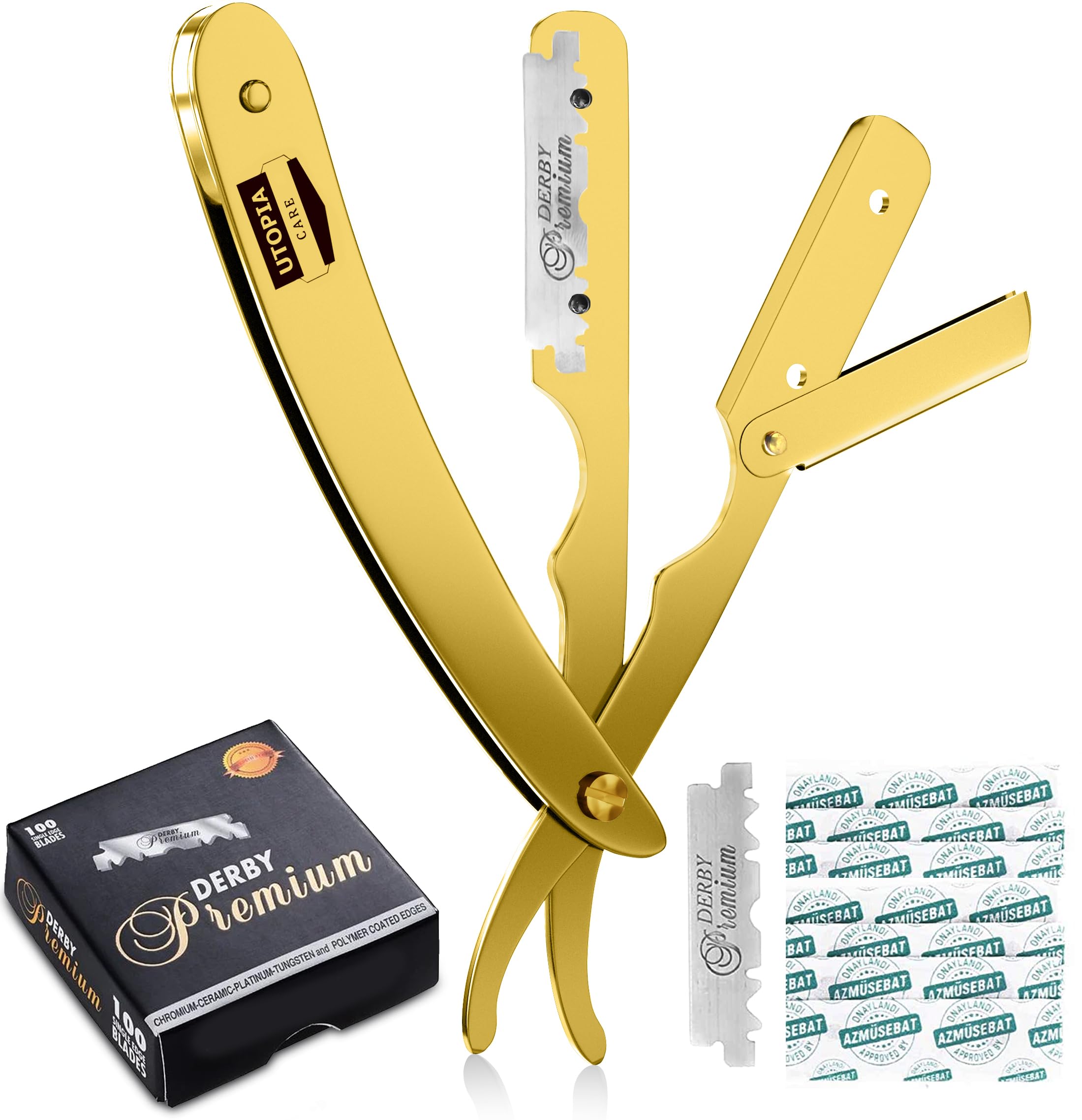 Utopia Care Professional Straight Razor for Men - Barber Quality Stainless Steel Safety Razor with 100 Pack Premium Blades (Gold Finish) - Perfect for Shaving, Grooming & Beard Trimming at Home or Salon