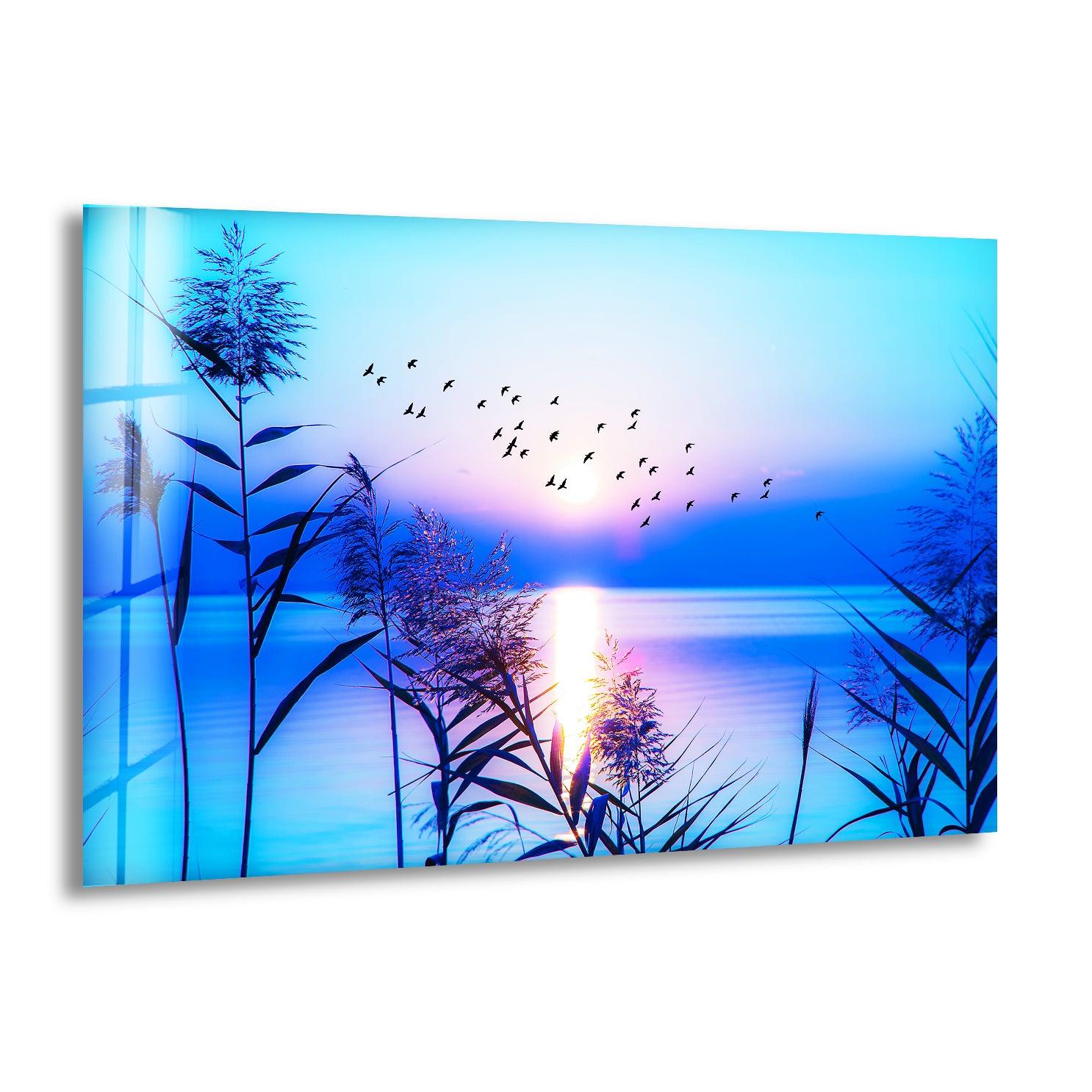 Blue Sunrise On Lake Glass Wall Art - Stunning Handmade Glass Painting for Home & Office Decor - Perfect for Living Room, Bedroom, or Office Wall Decoration