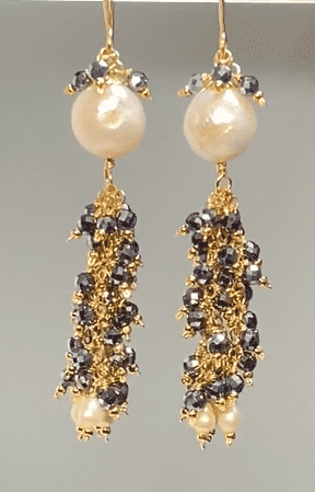 Sparkly Black Gemstone Tassel Earrings - 14K Gold Filled Dangle Earrings for Women | Elegant Pearl & Edison Bead Design | Perfect for Parties, Weddings & Evening Events