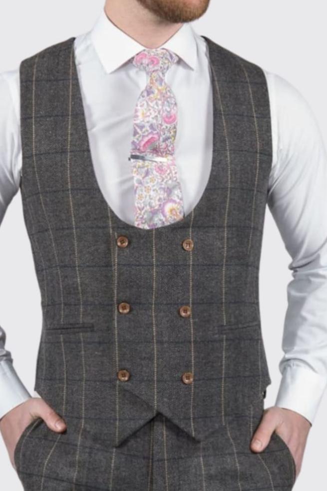 Ezra Men's Grey Herringbone Slim Fit Tweed Waistcoat Vest - Formal & Casual Wear for Weddings, Office & Special Occasions