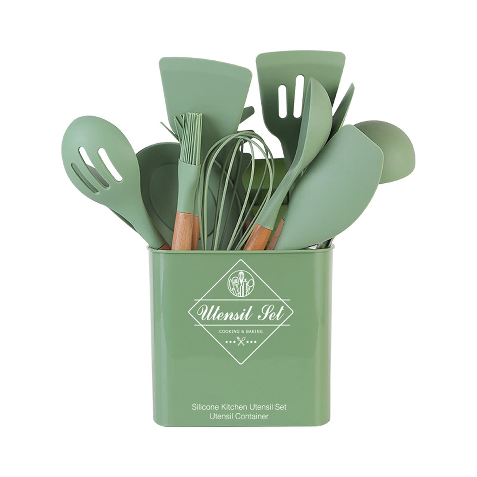 Gojiny 12pcs Silicone Kitchen Utensils Set with Wooden Handle - Non-Stick, Heat-Resistant Kitchenware for Cooking, Baking & Serving - Includes Storage Bucket for Organized Kitchen Tools