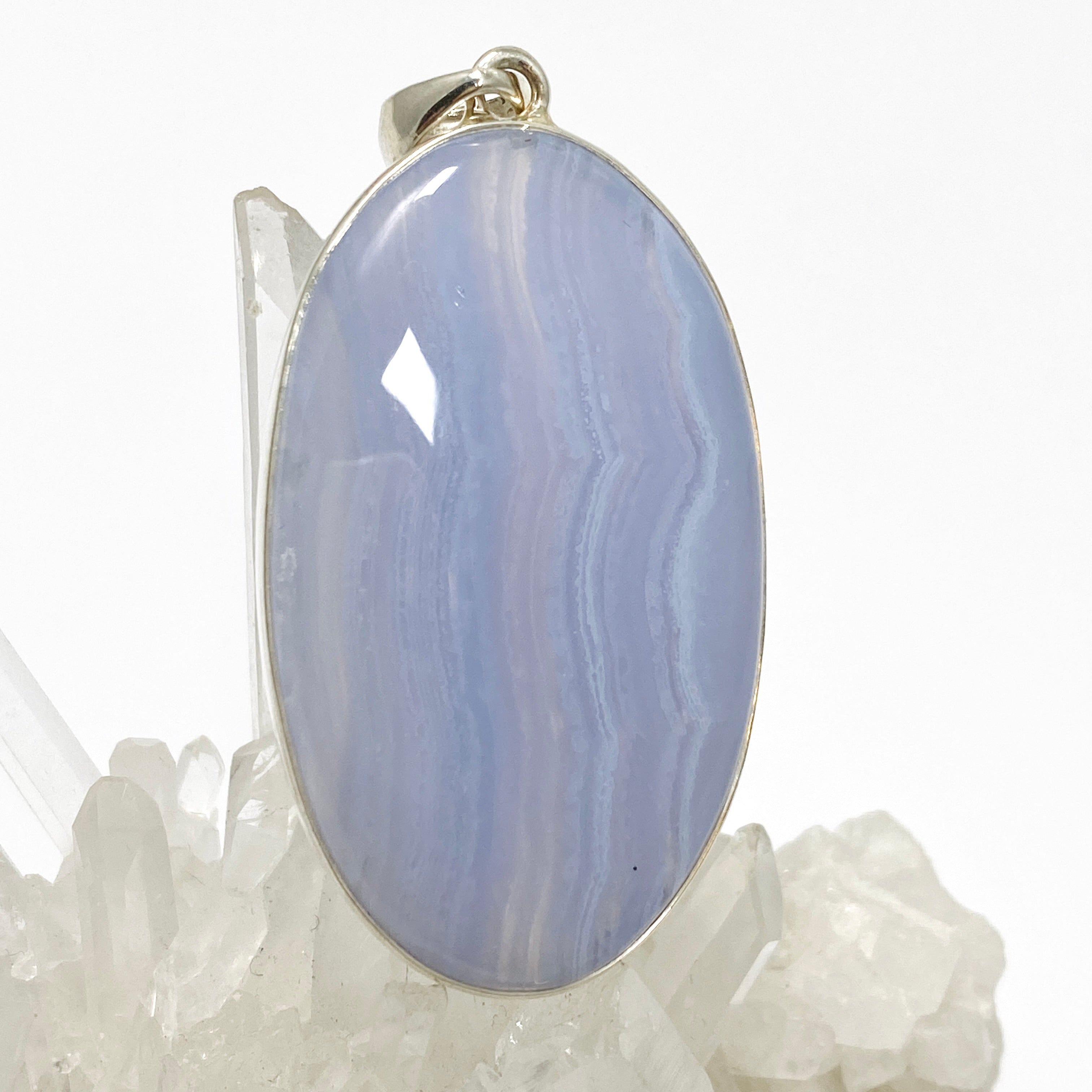 Blue Lace Agate Oval Cabochon Pendant KPGJ4825 - Natural Stone Jewelry for Women, Healing Crystal Necklace - Perfect for Meditation, Yoga & Spiritual Gifts