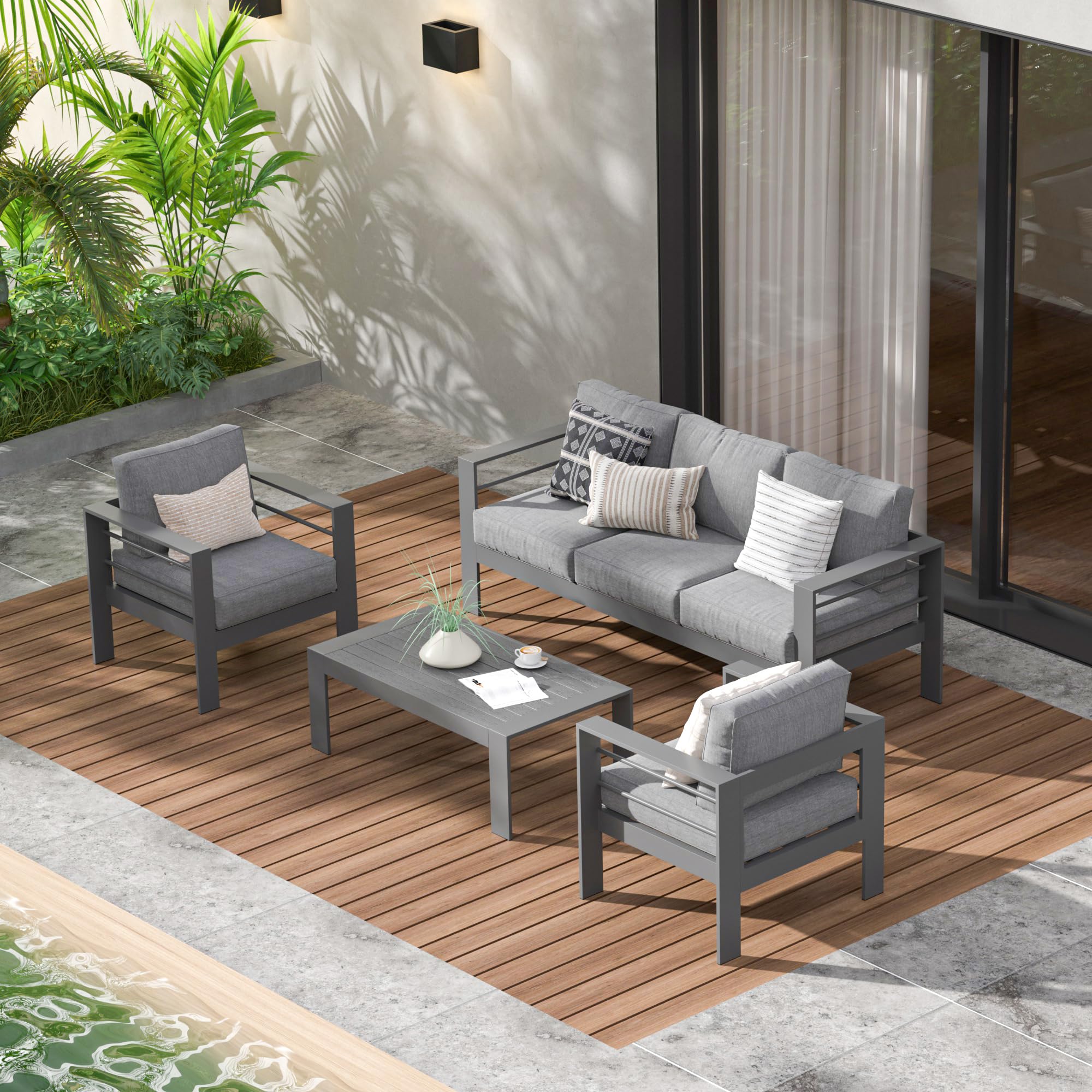 Wisteria Lane 7-Piece Aluminum Outdoor Patio Furniture Set - Modern Dark Grey Metal Sectional Sofa with 5