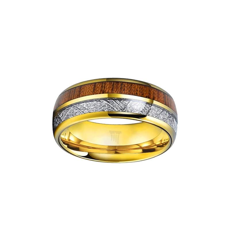 14K Gold Wood Inlay Men's Wedding Band - Meteorite Tungsten Carbide Ring 8mm Polished Yellow Gold Comfort Fit - Unique Anniversary Gift for Him - Perfect for Weddings, Engagements & Special Occasions