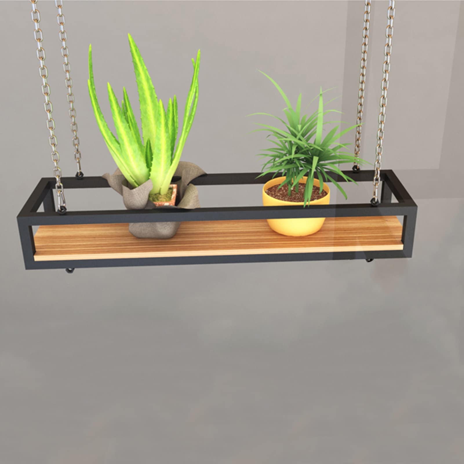 Solid Wood Board with Iron Frame - Hanging Ceiling Flower Pot Storage Shelf, Creative Plant Railing Shelf for Indoor/Outdoor Decor (60x25x1) - Perfect for Balcony, Garden, and Home Organization