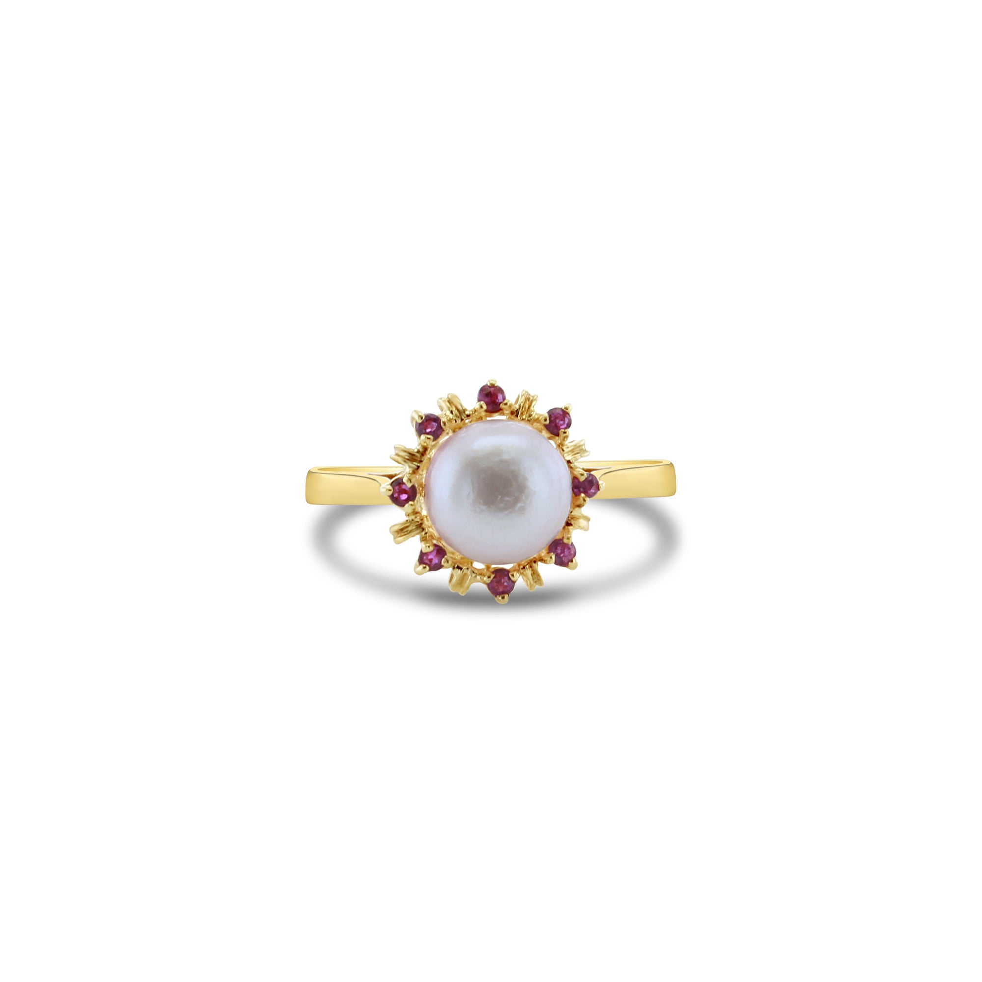 8MM Genuine Pearl Ring with Ruby Halo in 14k Yellow Gold - Elegant Bridal Jewelry & Anniversary Gift for Women