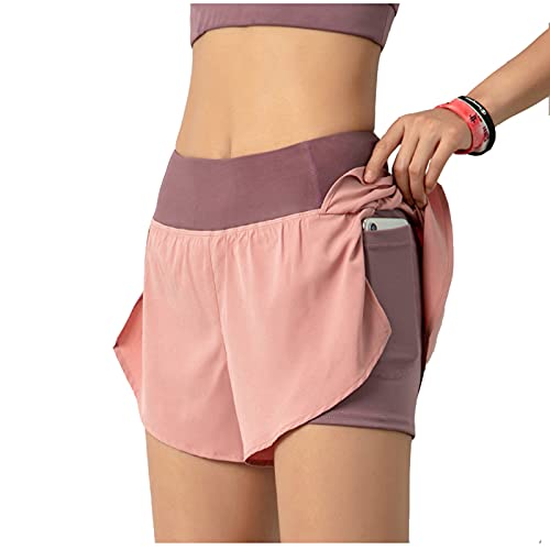 Women's 2-in-1 Liner Workout Yoga Shorts with Pockets - High Waist Elastic Athletic Running Gym Yoga Biker Shorts for Women - Pink | Perfect for Yoga, Running, Gym & Casual Wear
