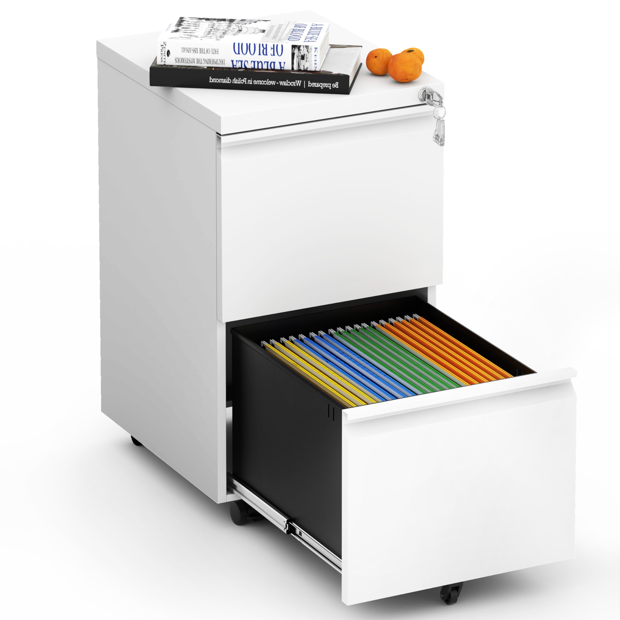 2 Drawer Mobile File Cabinet with Lock & Wheels - Metal Under Desk Rolling Storage for Legal & Letter Hanging Folders - Fully Assembled White Home Office Organizer for Documents, Files & Supplies - Perfect for Small Spaces, Shared Workspaces & Clutter-Free Organization