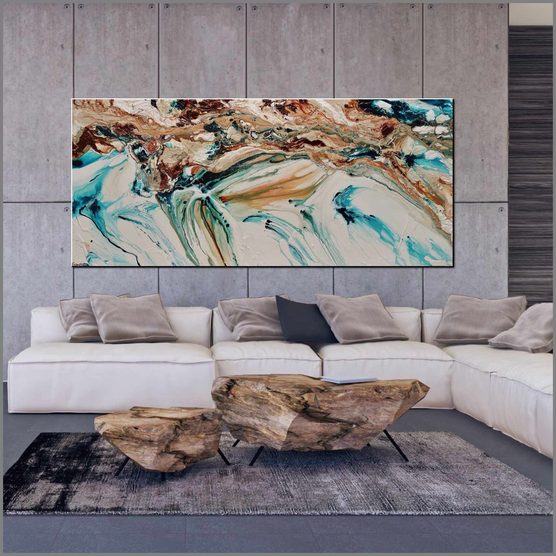 Coastal Rapture 106x47 Inch Teal Oxide White Textured Abstract Canvas Art - Perfect for Living Room, Bedroom or Office Wall Decor