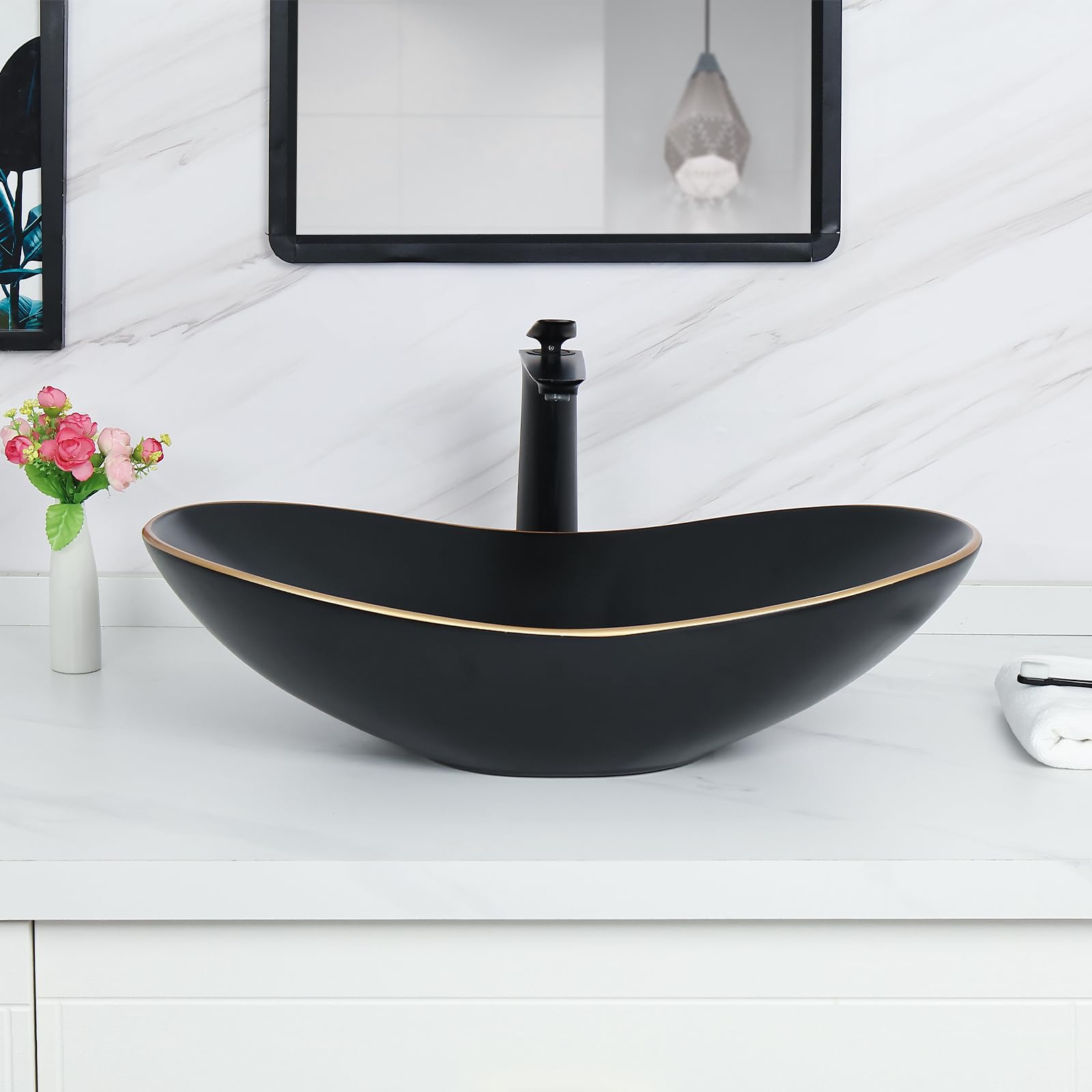Davivy 24.5'' X 13.8'' Large Matte Black Oval Vessel Sink with Pop-Up Drain - Modern Above Counter Bathroom Sink with Gold Trim - Ceramic Basin for Vanities, Powder Rooms & Luxury Bathrooms (Large Size)