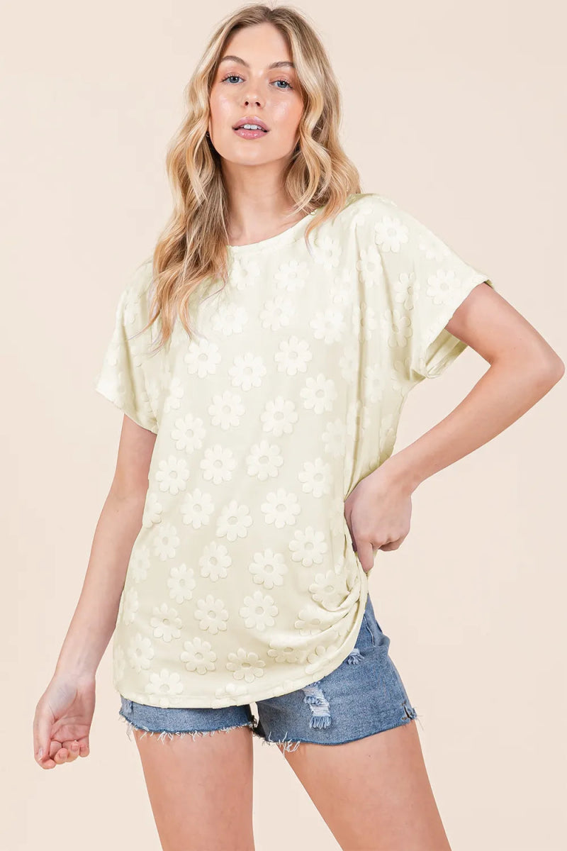 BOMBOM Women's Textured Floral Print Short Sleeve T-Shirt - Casual Summer Top for Outfits, Beach & Daily Wear