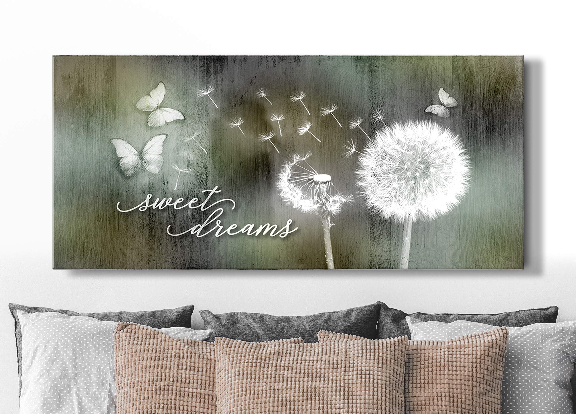 Sweet Dreams Dandelion Wall Art - Large 42x19 Inch Botanical Bedroom Decor | Green and Brown Canvas Print for Master Bedroom | Above Bed Wall Decor, Living Room & Nursery Art | Perfect for Home, Office & Gift Giving