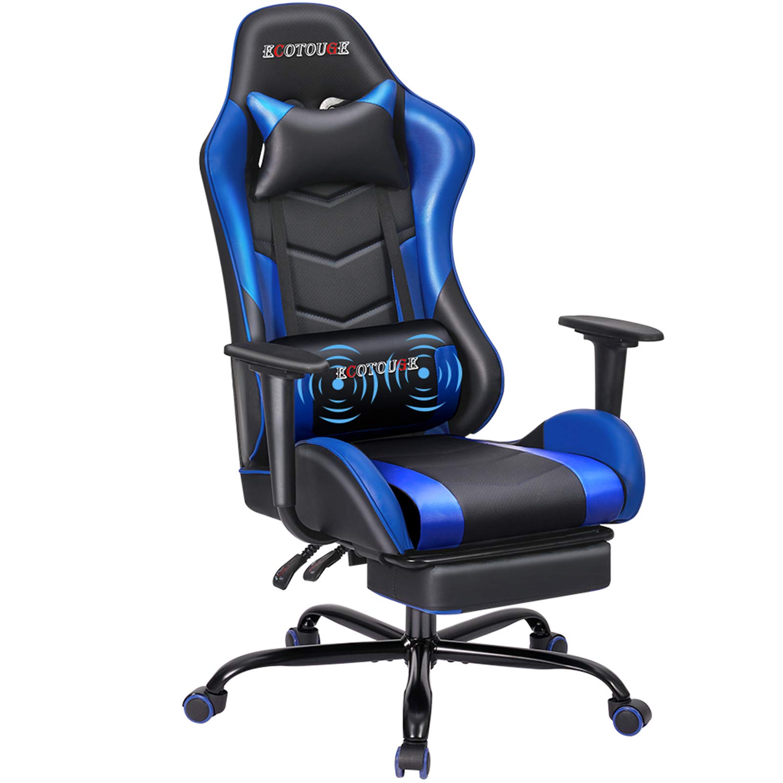 Ergonomic Massage Gaming Chair with Adjustable Footrest - High Back Racing Style PC Computer Desk Chair - PU Leather Recliner with Headrest & Lumbar Support Pillow (Blue) - Perfect for Esports, Office Work & Home Relaxation