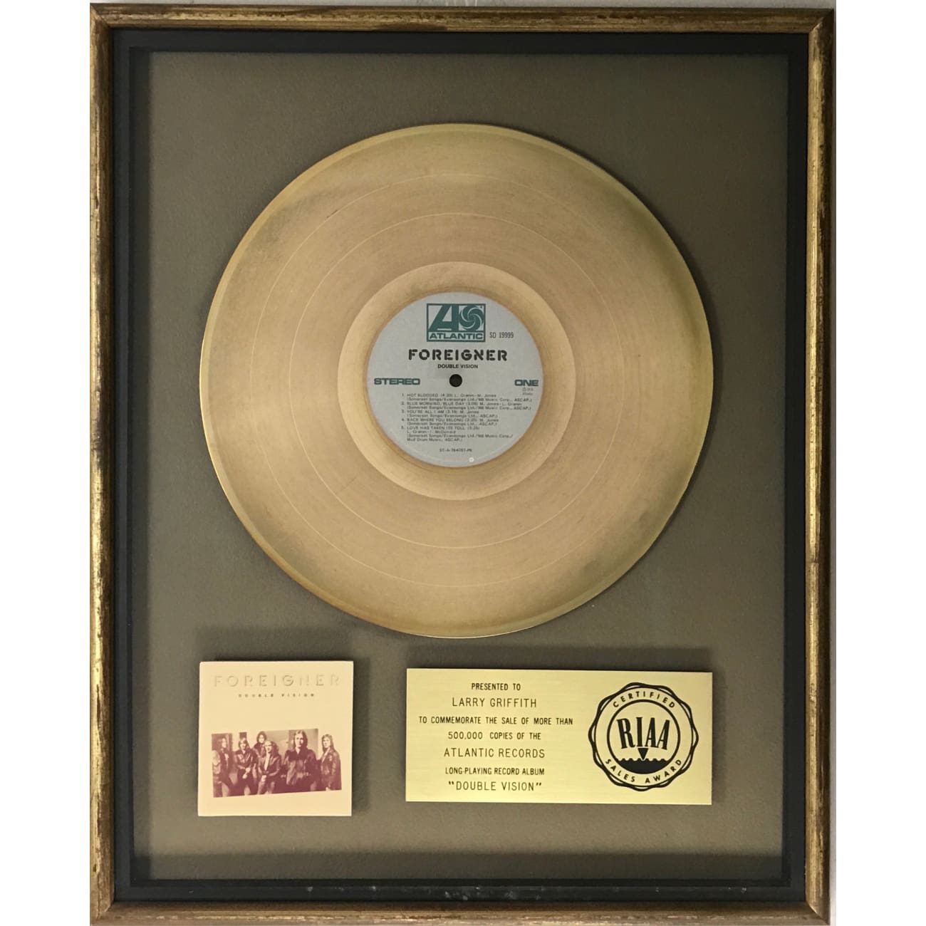 RIAA Gold Album Award - Double Vision Foreigner - Official Music Recognition Plaque for Display & Collectors