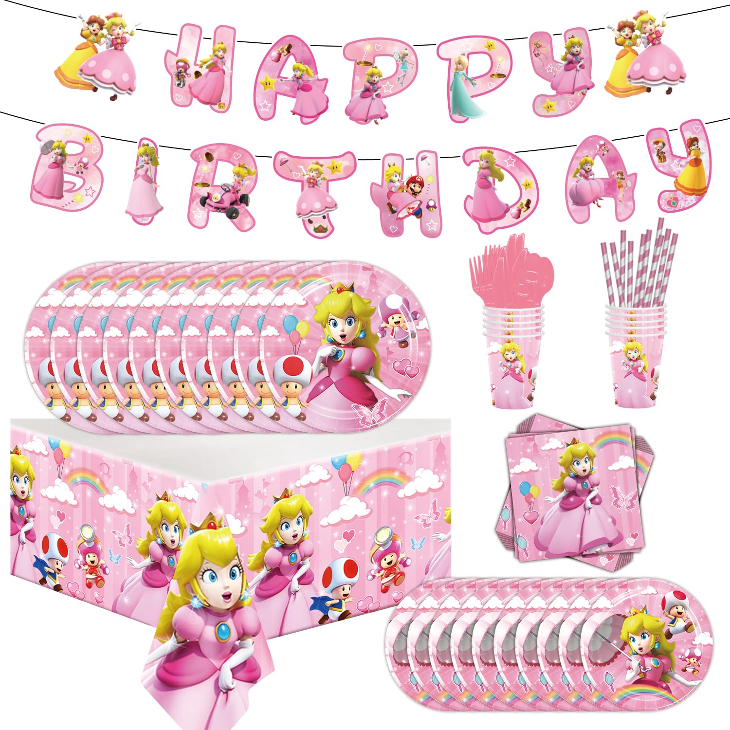 92-Piece Princess Birthday Party Supplies Kit - Includes 1 Tablecloth, Happy Birthday Banner, 20 Plates, 20 Napkins, 10 Cups, 10 Straws & 10 Utensils - Perfect for Girls' Birthday Decorations & Princess Themed Parties