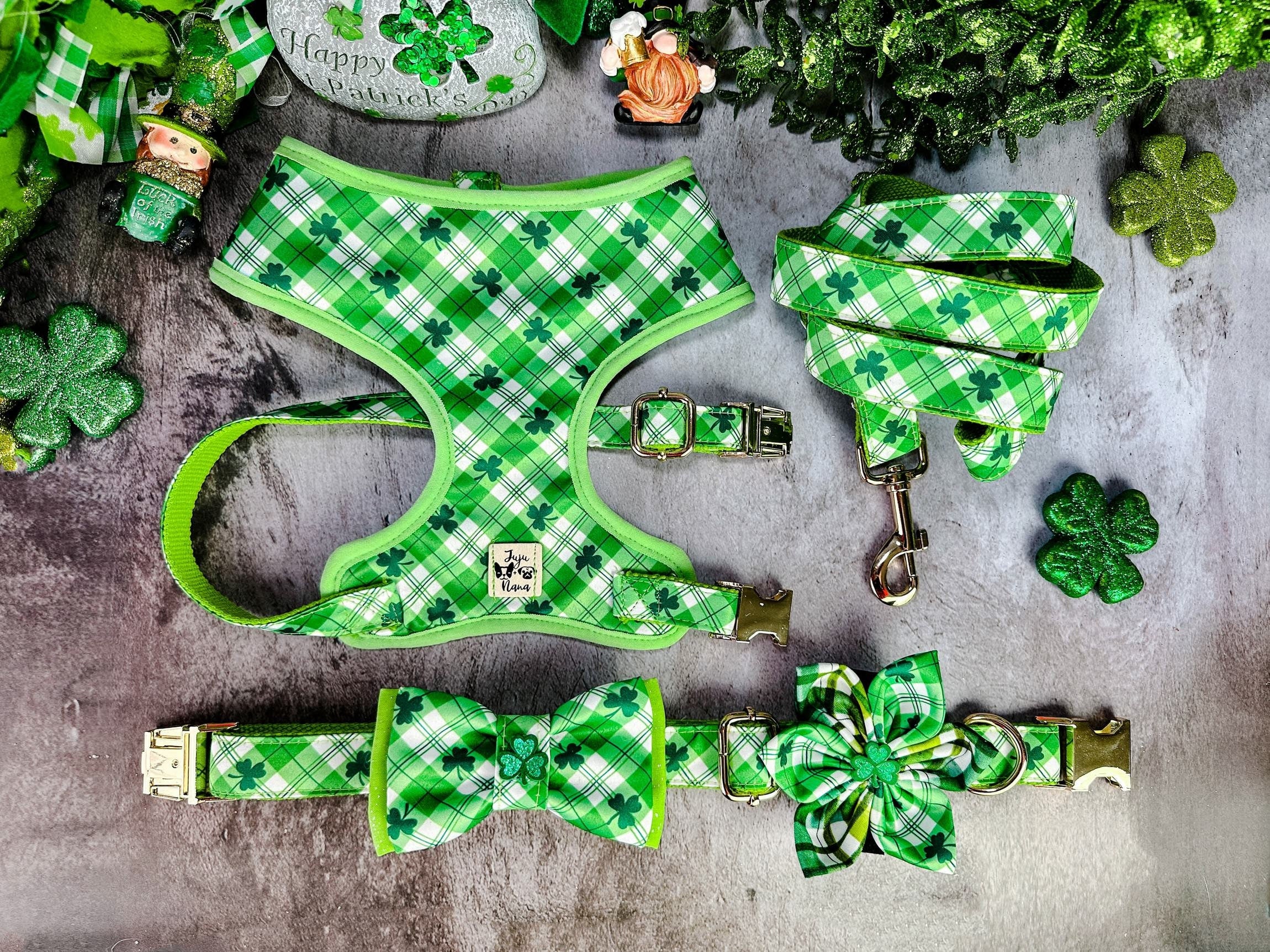 St. Patrick's Day Dog Harness Set - Plaid & Shamrock Design for Small Medium Large Dogs - Perfect for St. Patrick's Day Parades, Pet Costume Parties & Irish-Themed Events