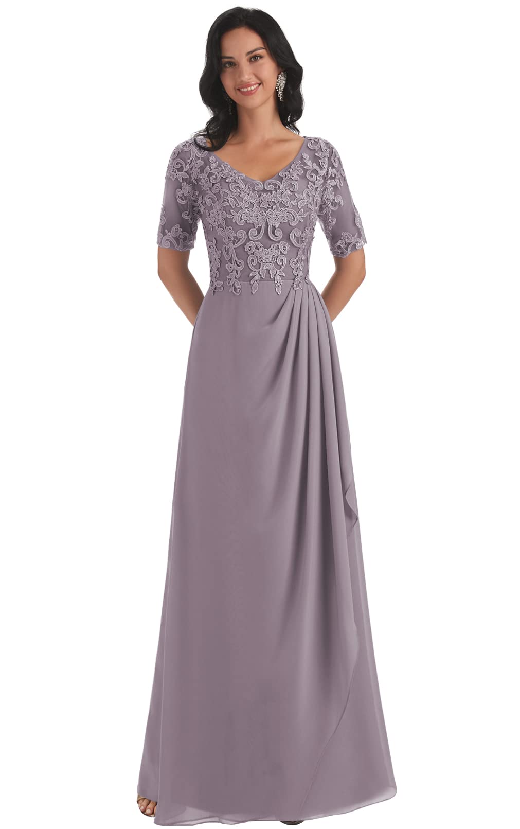 Plus Size Half Sleeve Mother of The Bride Dress - Long V-Neck Pleated Mauve Chiffon with Lace Formal Prom Gown US18W - Elegant Wedding Guest & Special Occasion Outfit