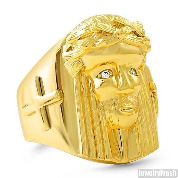 Gold Plated Large Jesus Face Ring for Men & Women - Religious Jewelry for Christian Faith & Fashion - Perfect for Church, Gifts & Everyday Wear
