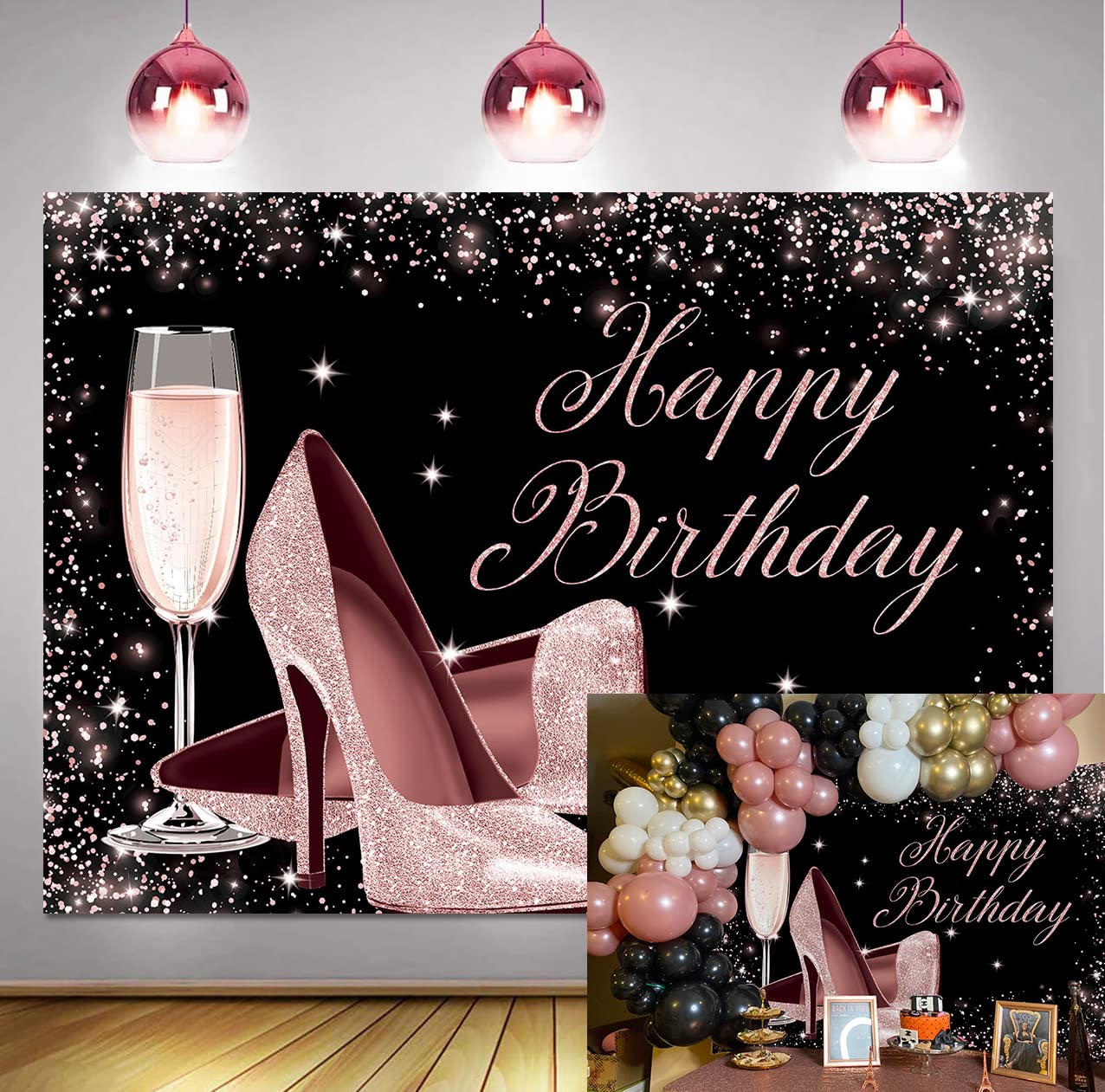 Rose Gold Glitter Happy Birthday Backdrop with High Heels & Champagne Glass - 7x5ft Photography Background for Women's Birthday Party Decor, Photo Booth Props | Perfect for Adult Birthday Celebrations, Bridal Showers & Bachelorette Parties