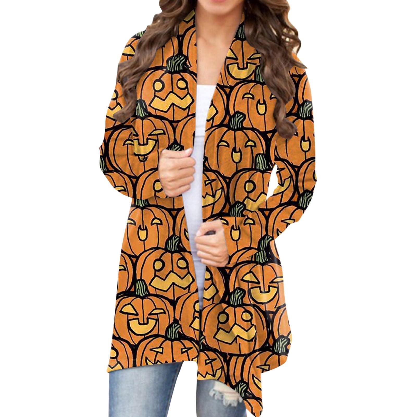 Women's Halloween Print Cardigan - Long Sleeve Asymmetric Open Front Sweater Top for Halloween Costume & Fall Fashion | Perfect for Halloween Parties, Pumpkin Patch Visits & Cozy Autumn Outfits