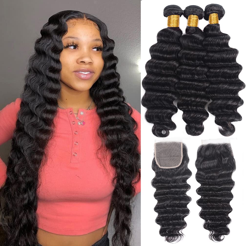 Brazilian Deep Wave Human Hair Bundles with 4x4 Lace Closure | 16 18 20 +14 Inch | Unprocessed Wet & Wavy Hair Extensions | Natural Black | Free Part | Perfect for Protective Styles, Weaves & Everyday Glam