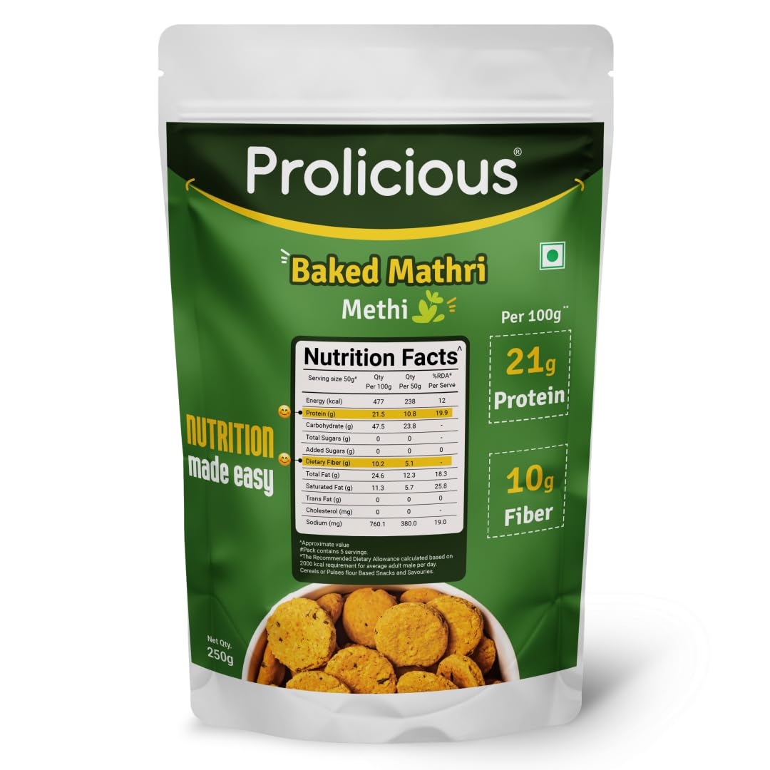 Prolicious Baked Mathri - High Protein (10g) & Fiber Healthy Snack for Weight Loss | Palm Oil Free, Trans Fat Free | Whole Food Ingredients | 250g Pack | Perfect for Office Snacks, Travel Food & Keto Diet