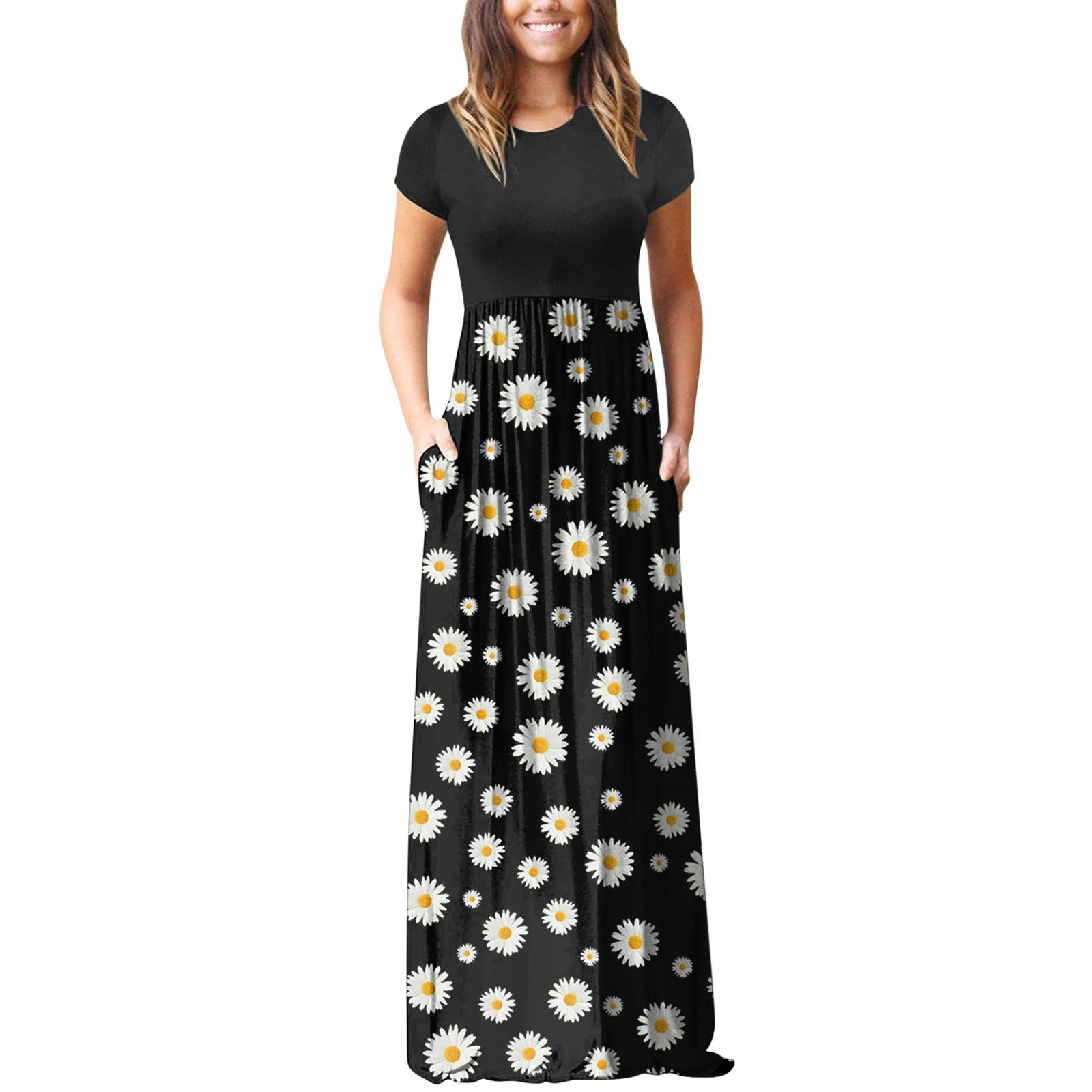 AODONG Women's Floral V-Neck Spaghetti Strap Summer Dress - Casual Ruffle Swing Dress with Pockets for Beach, Vacation & Date Night