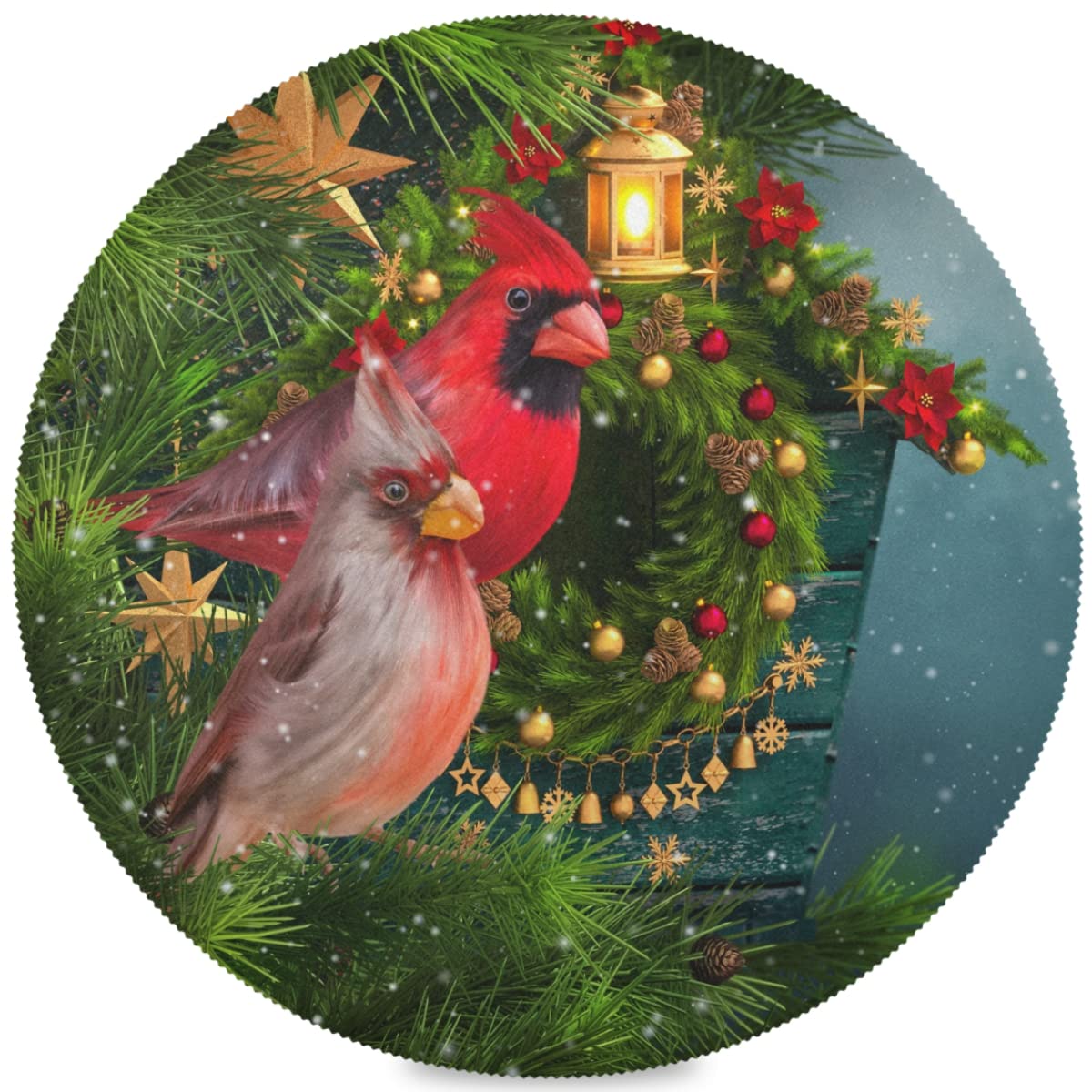 Christmas Red Cardinal Bird Round Placemats Set of 4 - Non-Slip Holiday Dining Table Mats with Bells Ribbon Design, Easy Clean Kitchen Decor for Home, Wedding & New Year Celebrations (15 Inch) - Perfect for Festive Dinner Parties, Family Gatherings & Seasonal Home Decor