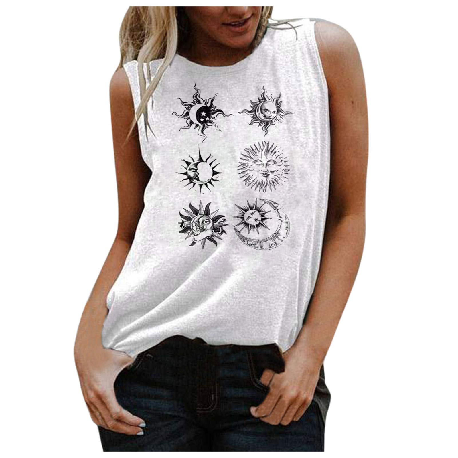 Vintage Sun and Moon Graphic Tank Tops for Women - Hippie Casual Sleeveless Loose Fit Summer T-Shirts | Perfect for Music Festivals, Beach Outings & Boho Style