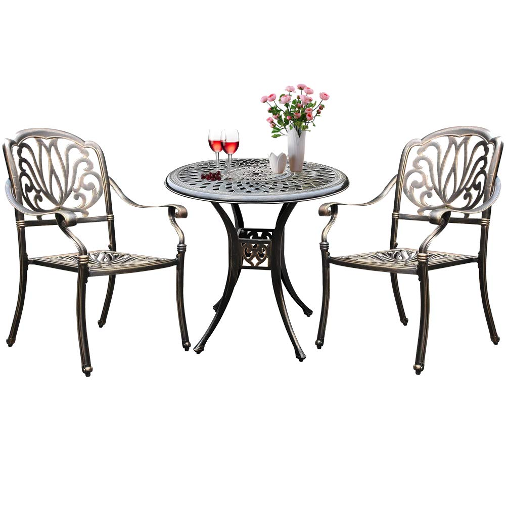 3-Piece Cast Aluminum Bistro Set - Outdoor Patio Dining Table with 2 Armchairs & Umbrella Hole - Antique Bronze Finish (Flower Pattern) - Perfect for Garden, Balcony, Backyard & Poolside Relaxation