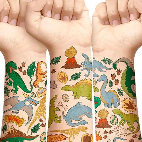 125-Pack Metallic Dinosaur Temporary Tattoos for Kids - Dinosaur Party Supplies, Birthday Favors & Decorations - Perfect for Dinosaur Themed Parties, Costume Events & Kids' Activities